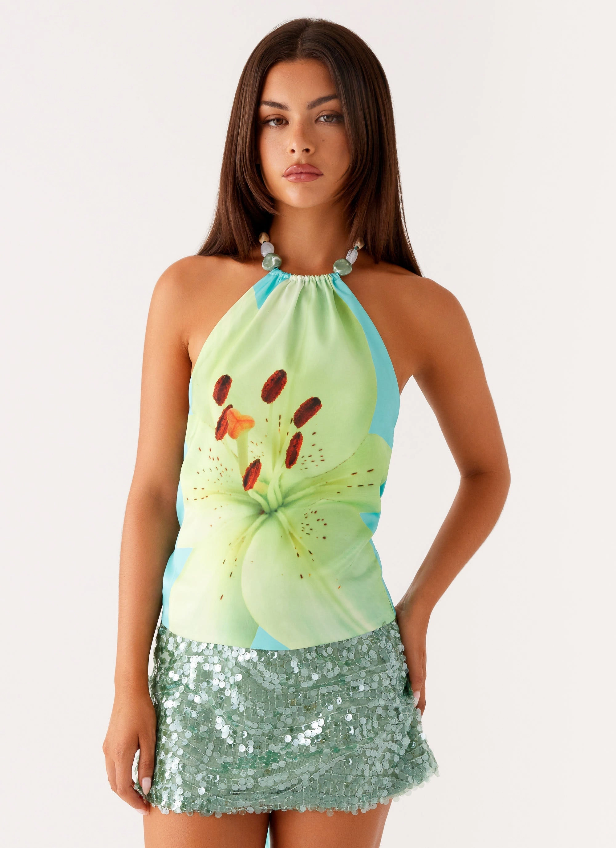 Stain Resistant Treatment Dalila Beaded Tie Back Top - Turquoise Floral