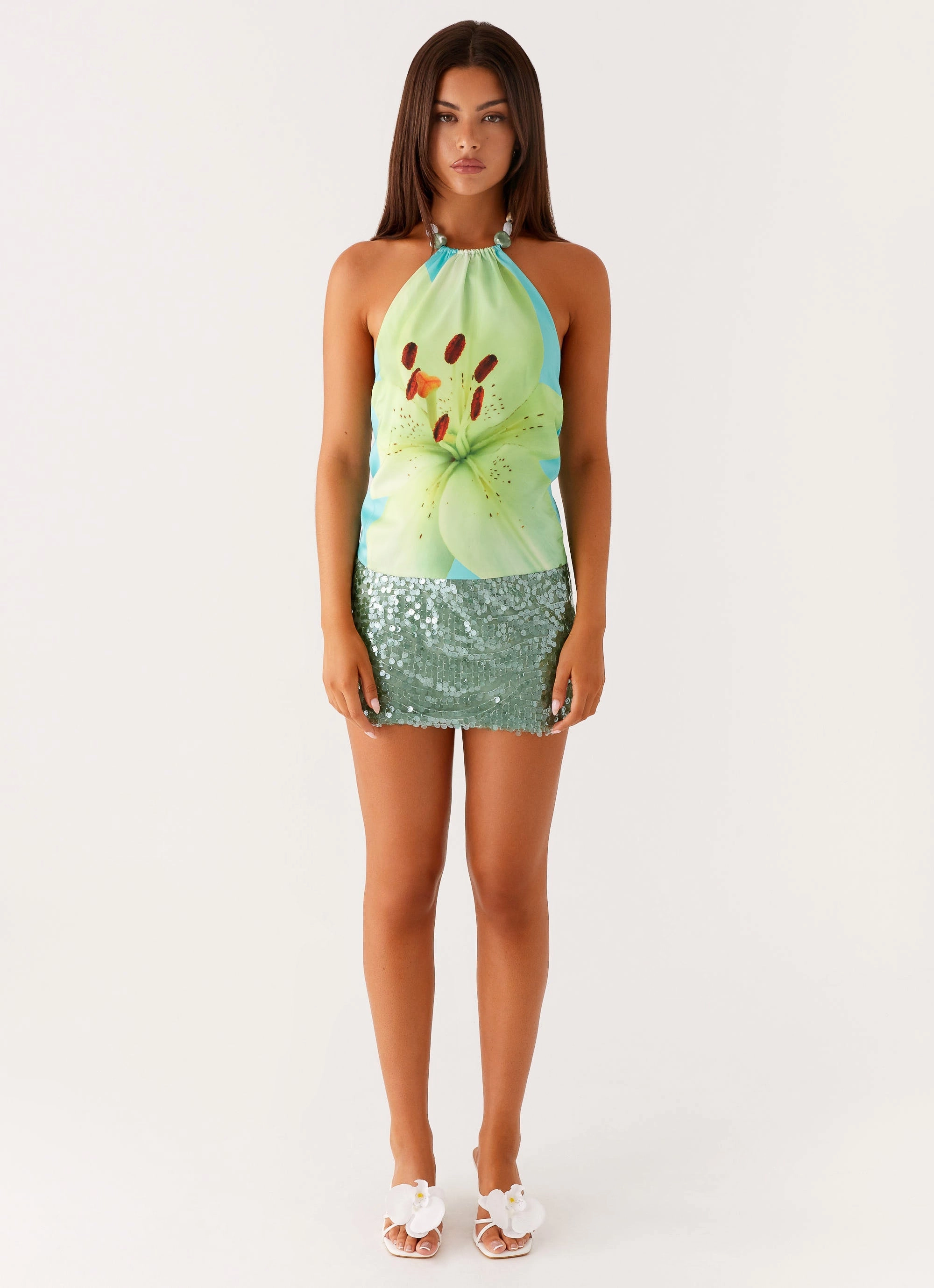 Dalila Beaded Tie Back Top - Turquoise Floral Relaxed Hoodie elegant design