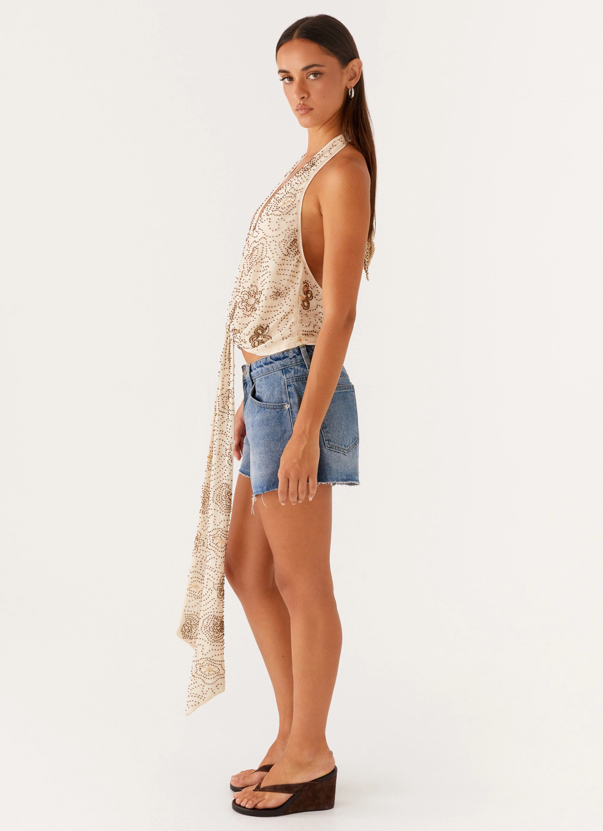 StretchFabric Comfortable Cotton Neptune Halter Top - Light Beige