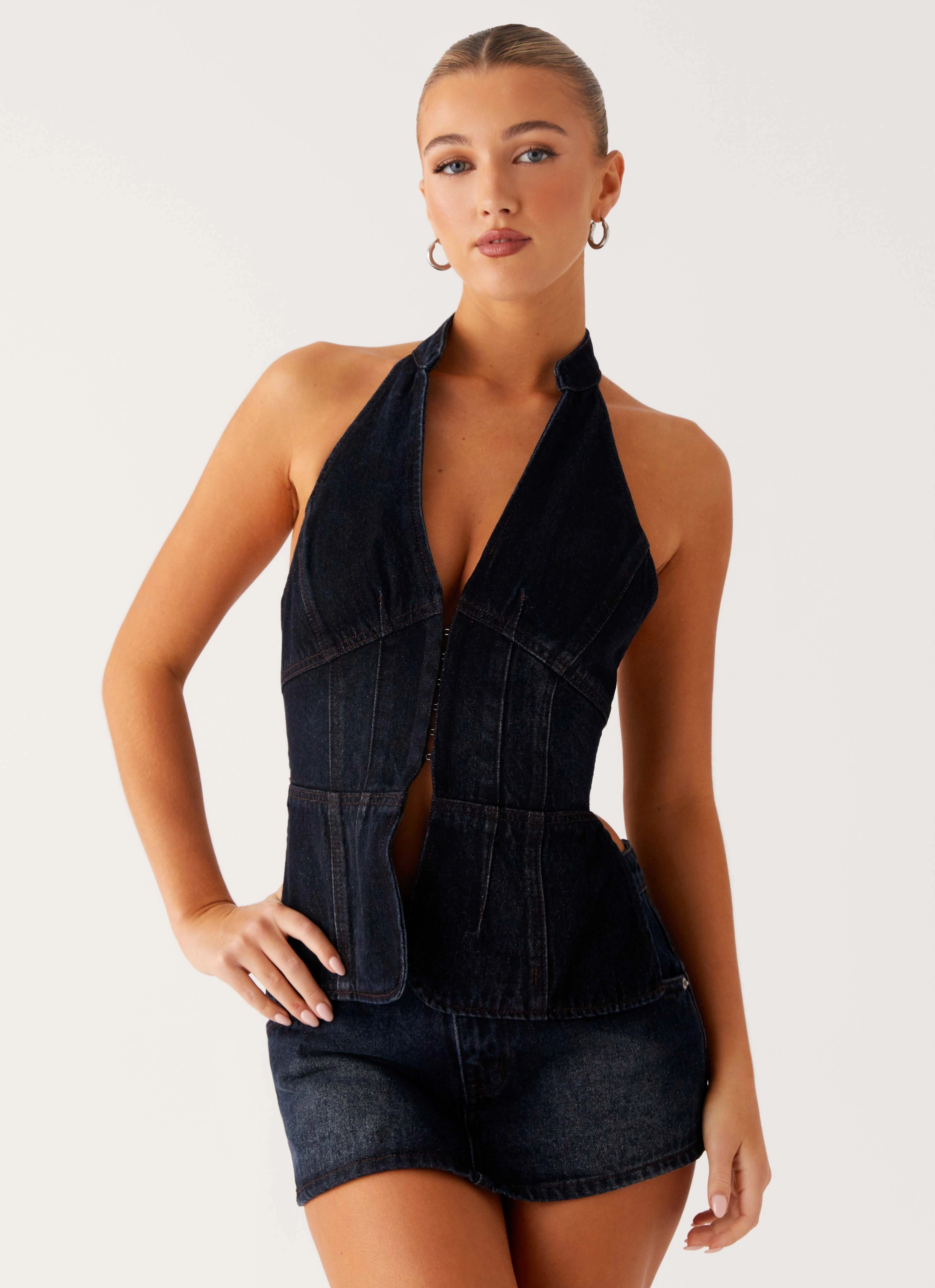 Esma Halter Top - Washed Dark Blue Drop Shoulder Cut
