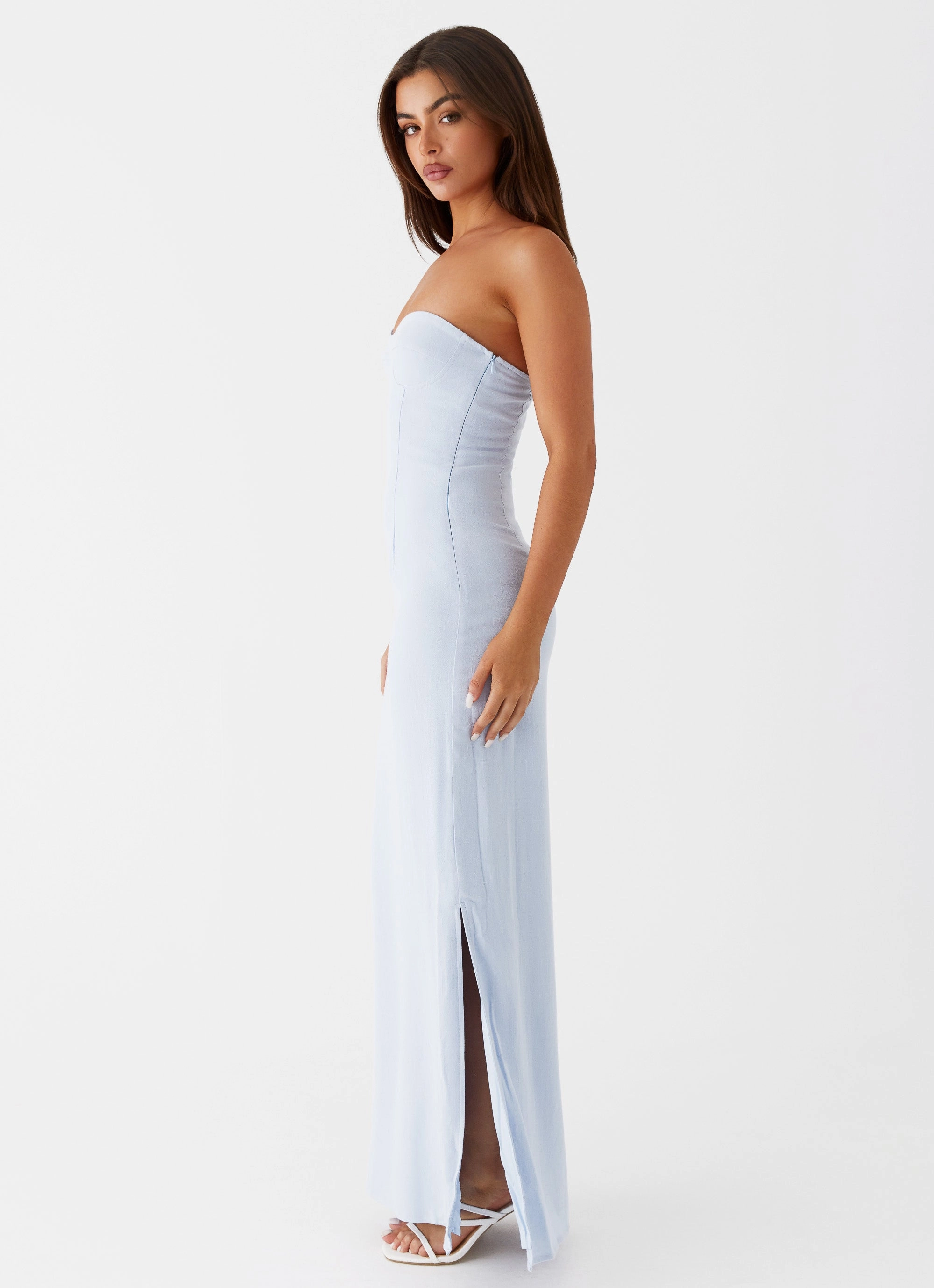 Esra Linen Strapless Maxi Dress - Blue Silky Touch