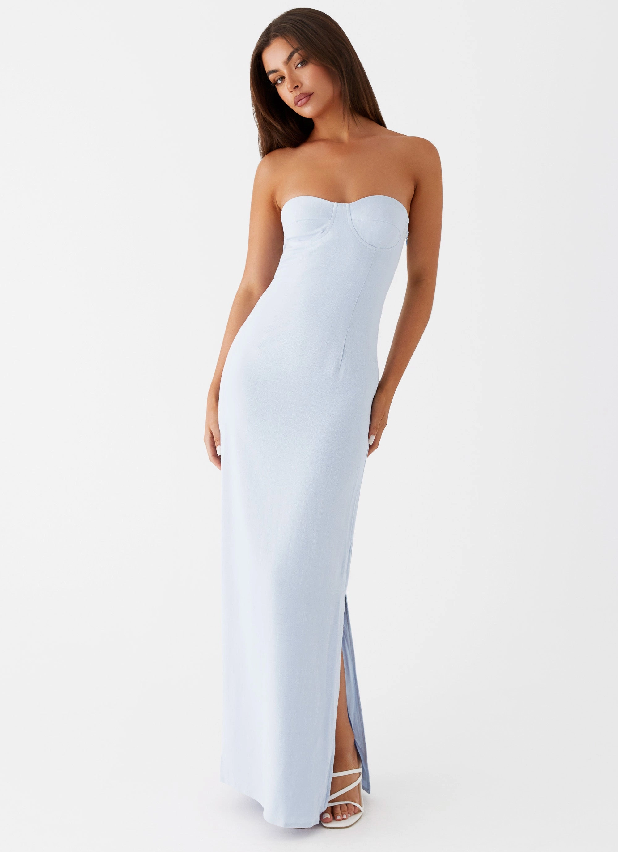 Sheer Overlay Esra Linen Strapless Maxi Dress - Blue