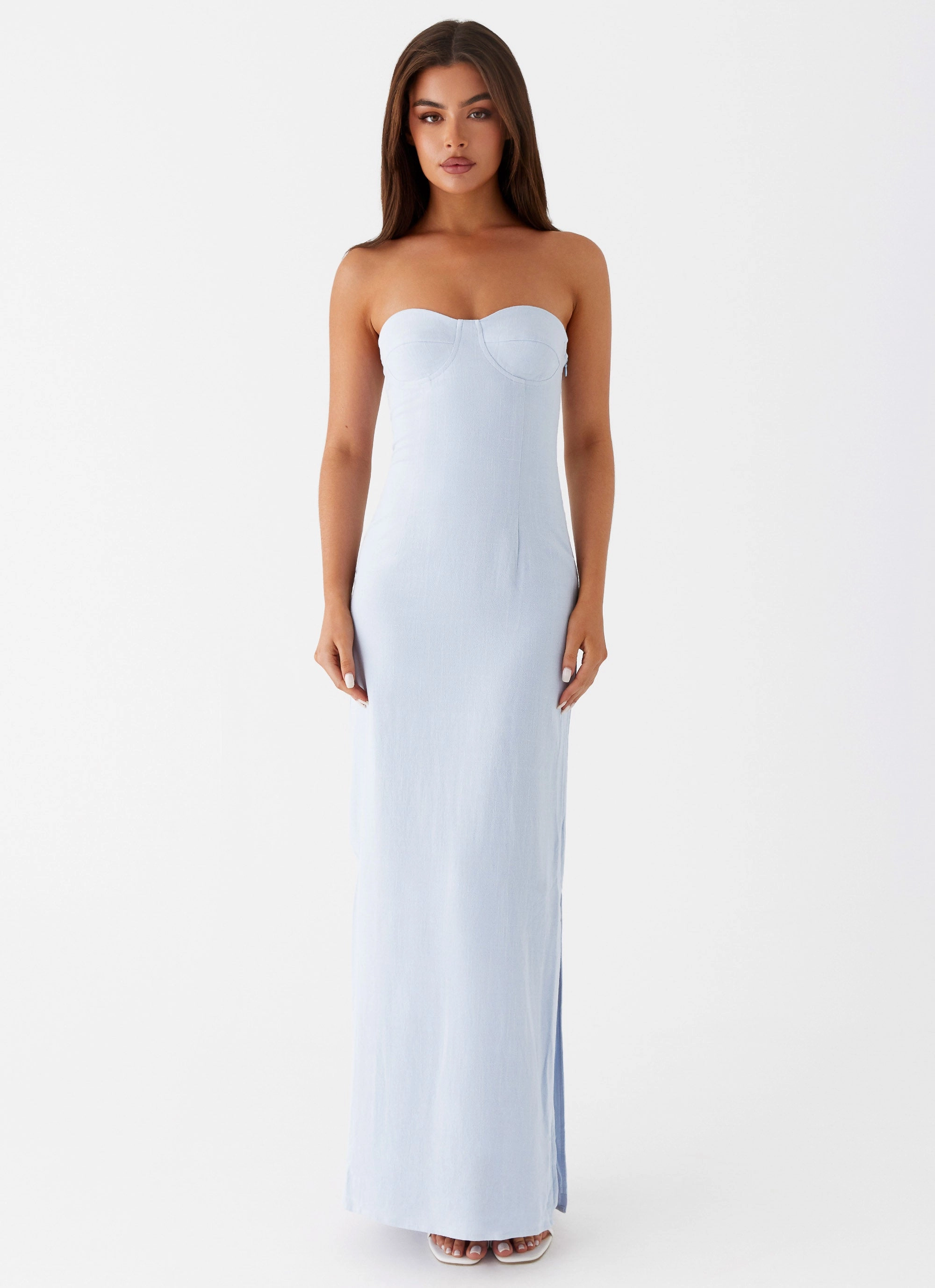 Bold Fashion Flattering bodycon dress Esra Linen Strapless Maxi Dress - Blue