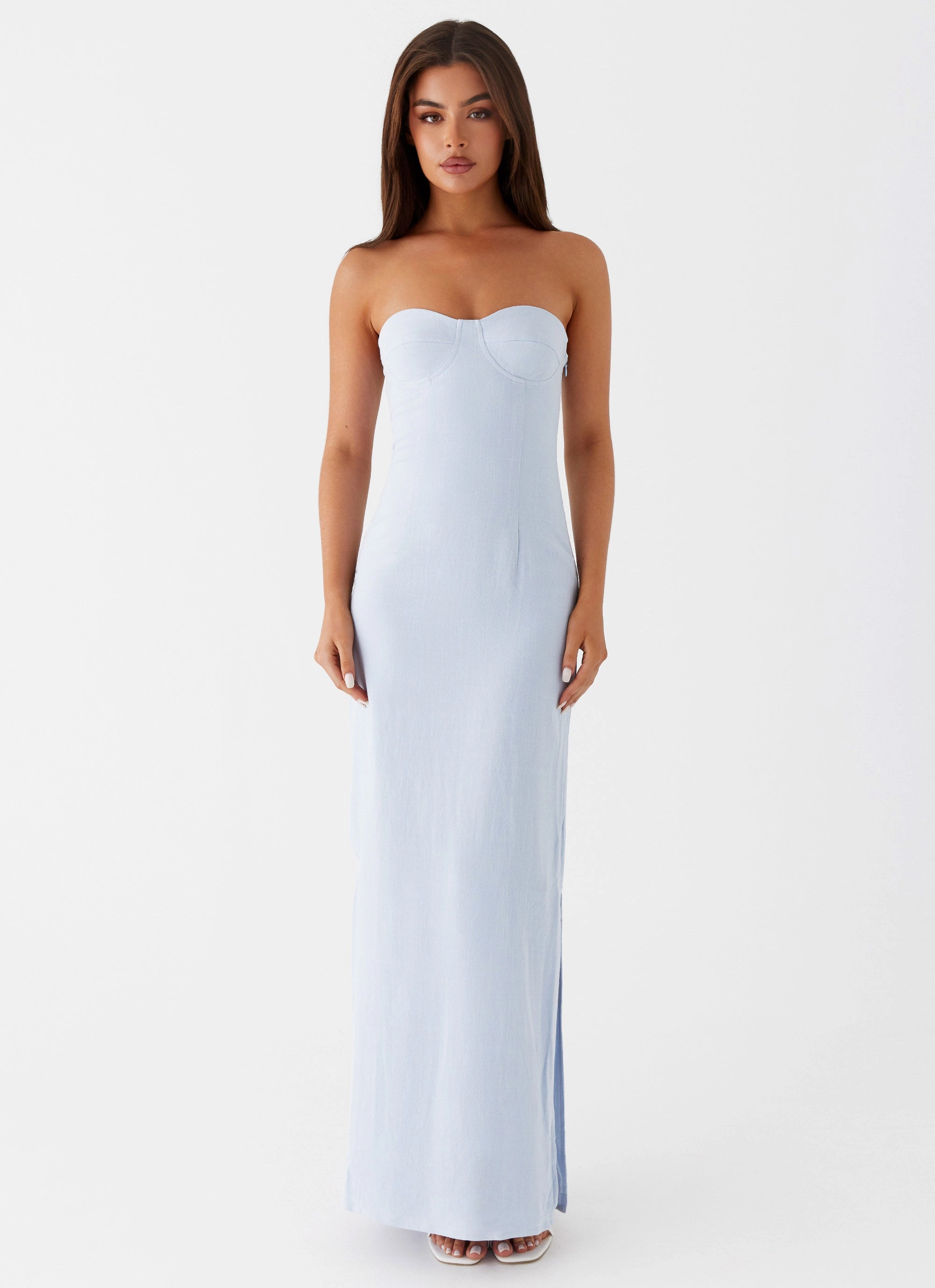 Velvet-Sleeve Clean Outline Esra Linen Strapless Maxi Dress - Blue