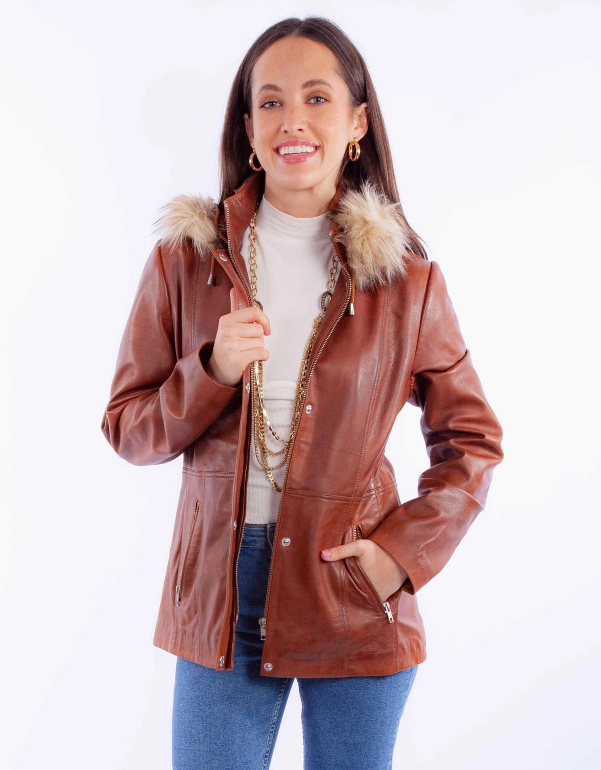 Abrasion Proof Shoulders Scully Womens Faux Fur Hooded Brown Leather Leather Jacket