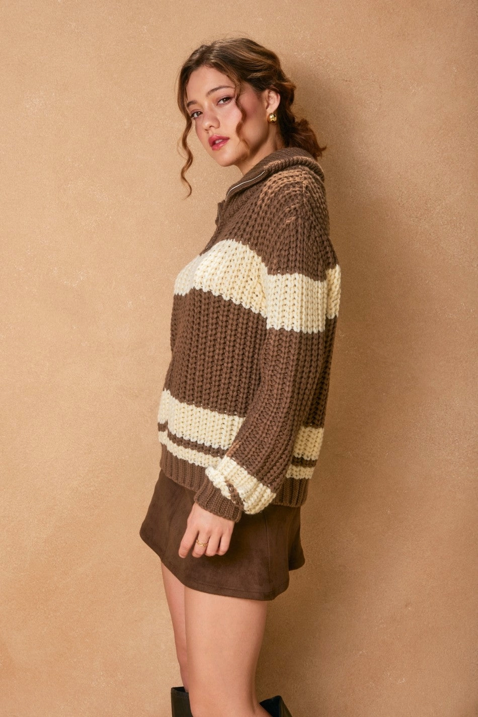 TumbleDryFriendlyMaterial High Density Weave Striped Sweater Jacket - Brown