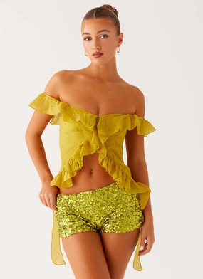 Dylan Off Shoulder Top - Lime PaddedInsulation SheerLayering