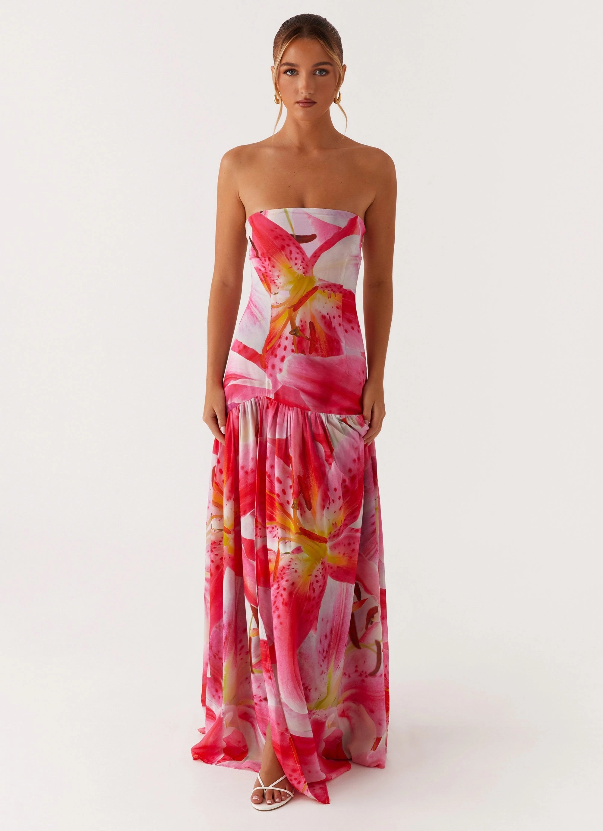Eden Strapless Maxi Dress - White Pink Lilly Easy Draping Smart Outfit