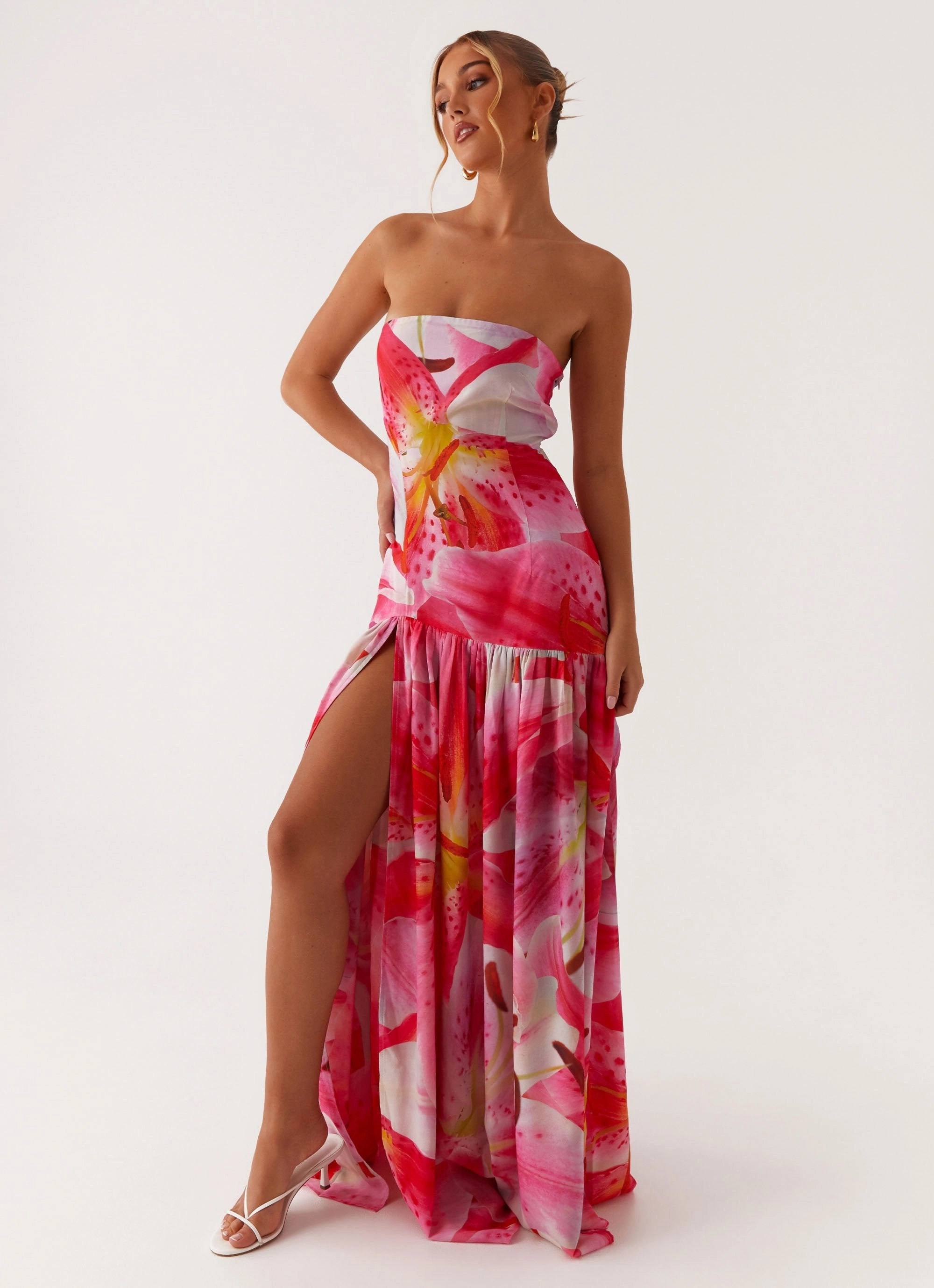 Chic And Comfortable New Mood Eden Strapless Maxi Dress - White Pink Lilly