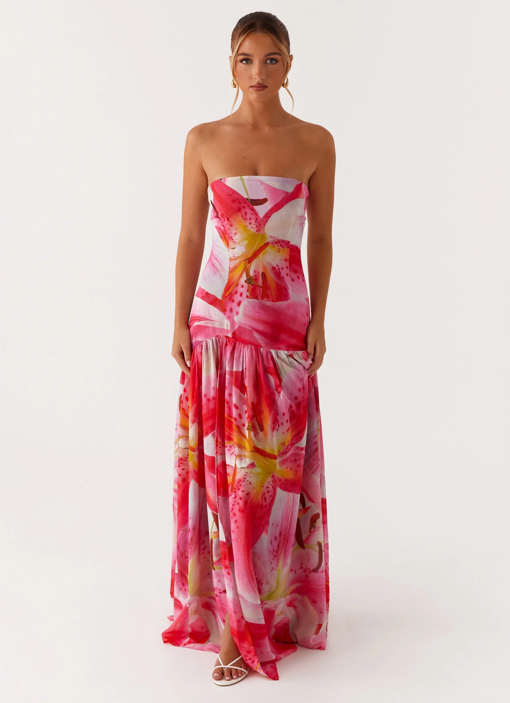 Eden Strapless Maxi Dress - White Pink Lilly MoldResistantTexture Elegant Flow