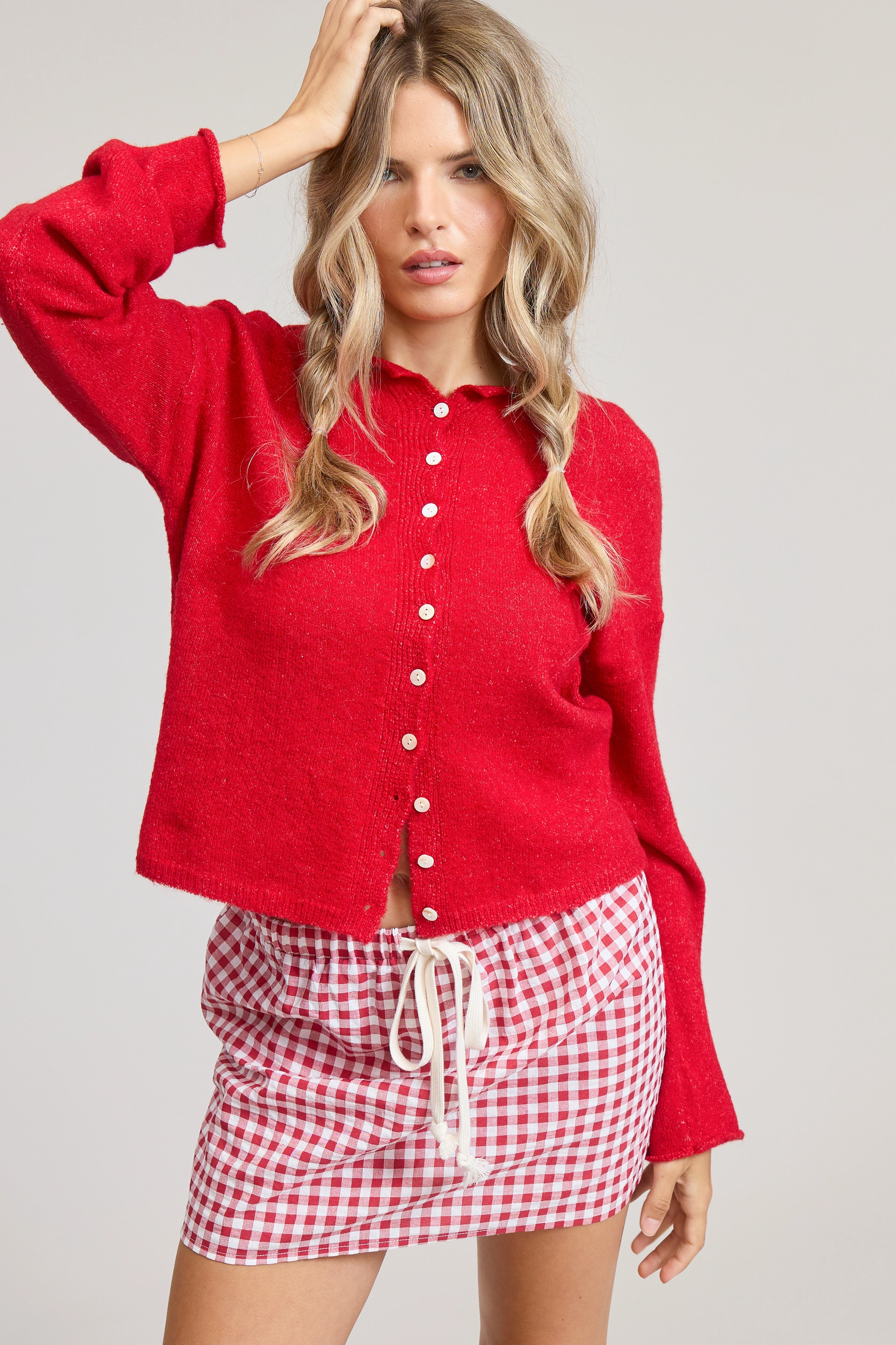 Elise Button Down Cardigan - Red Classic Crewneck Design