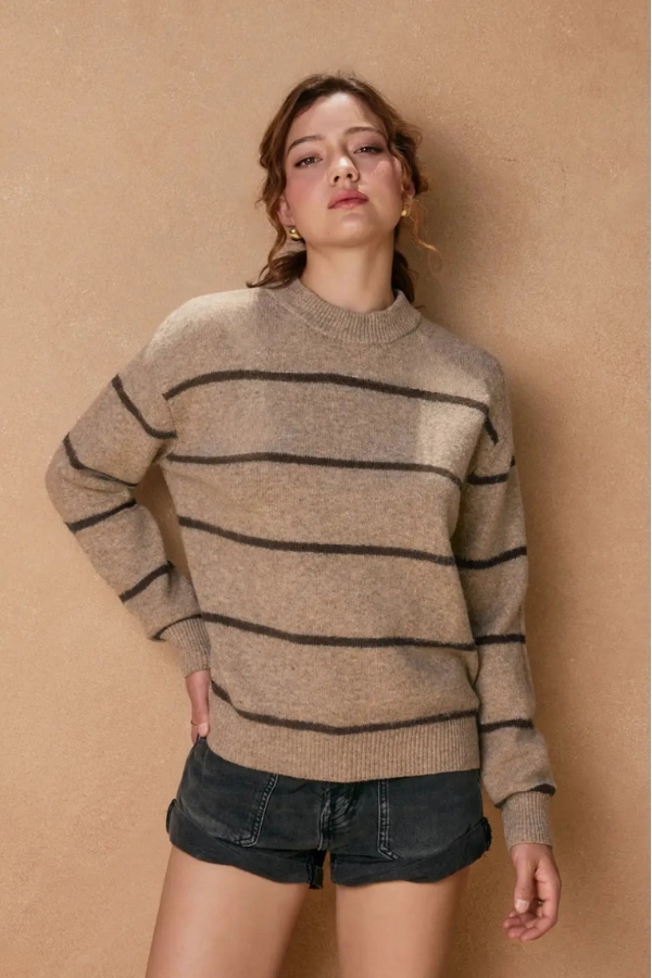 Eva Crewneck Striped Sweater - Mocha & Brown Ribbed Hem Detailing Chilly Season Wear