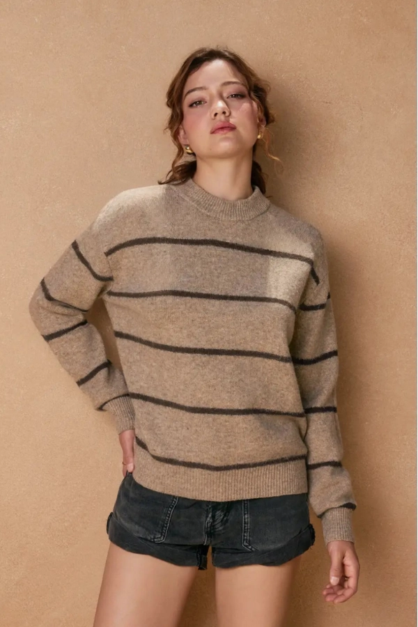 Double Layered Hem Reinforcement LowMaintenance Eva Crewneck Striped Sweater - Mocha & Brown