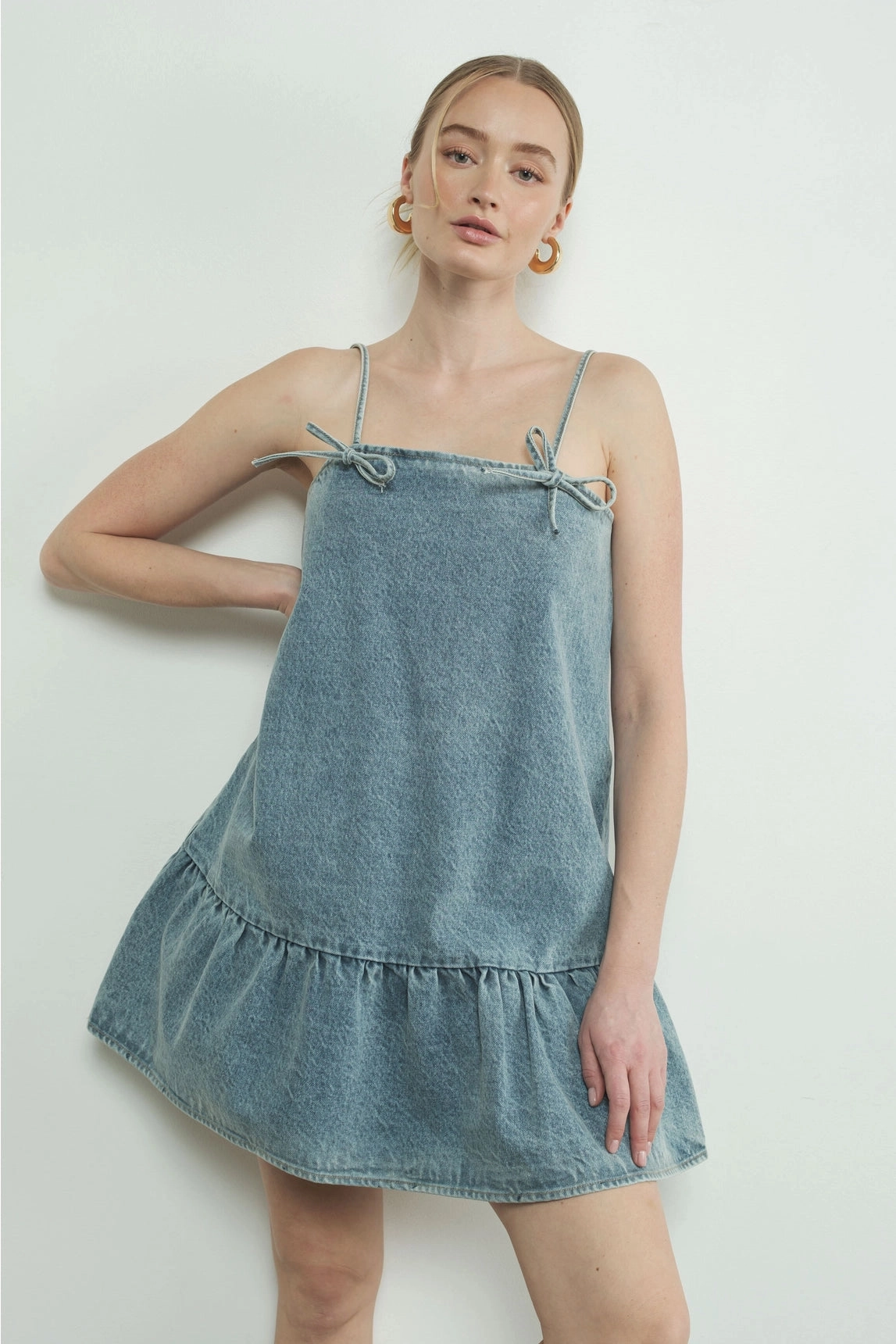 Ribbon Tied Denim Mini Dress Anti Pilling