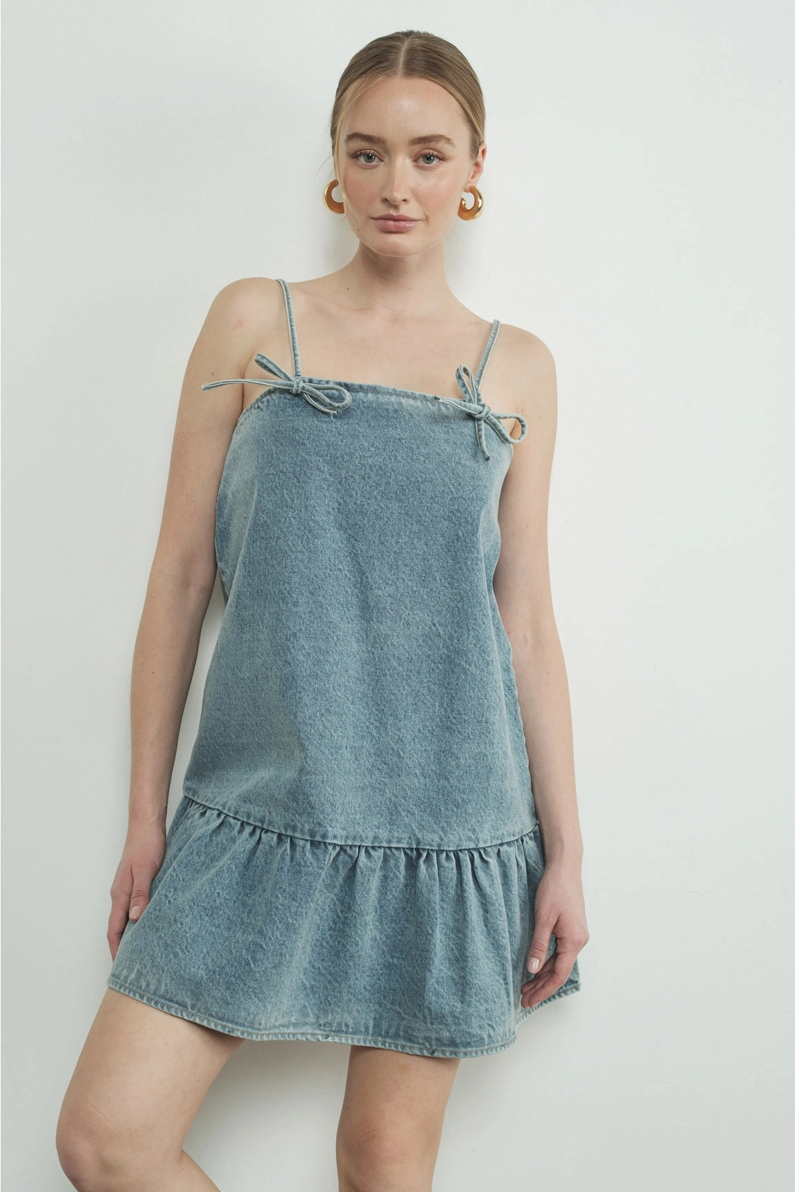 Airy Touch Ribbon Tied Denim Mini Dress