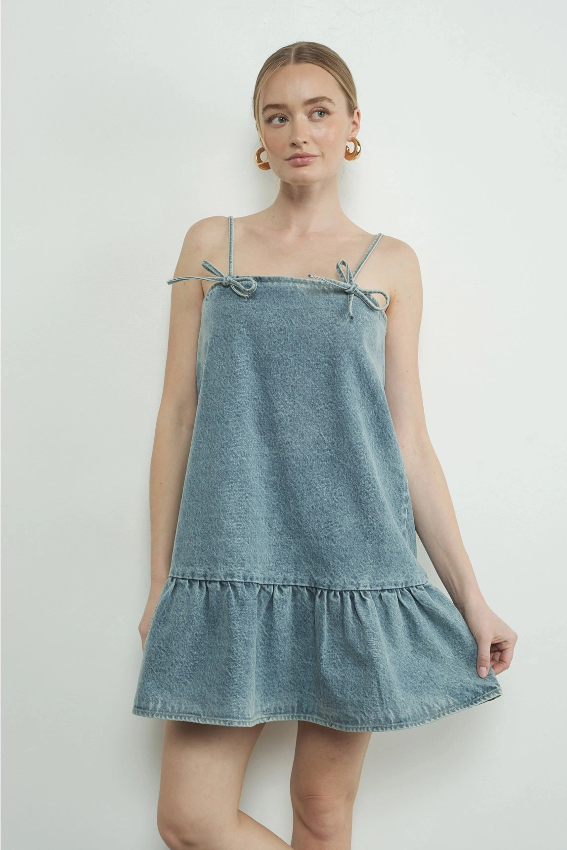Zip-Closure Lightweight-Structure Ribbon Tied Denim Mini Dress