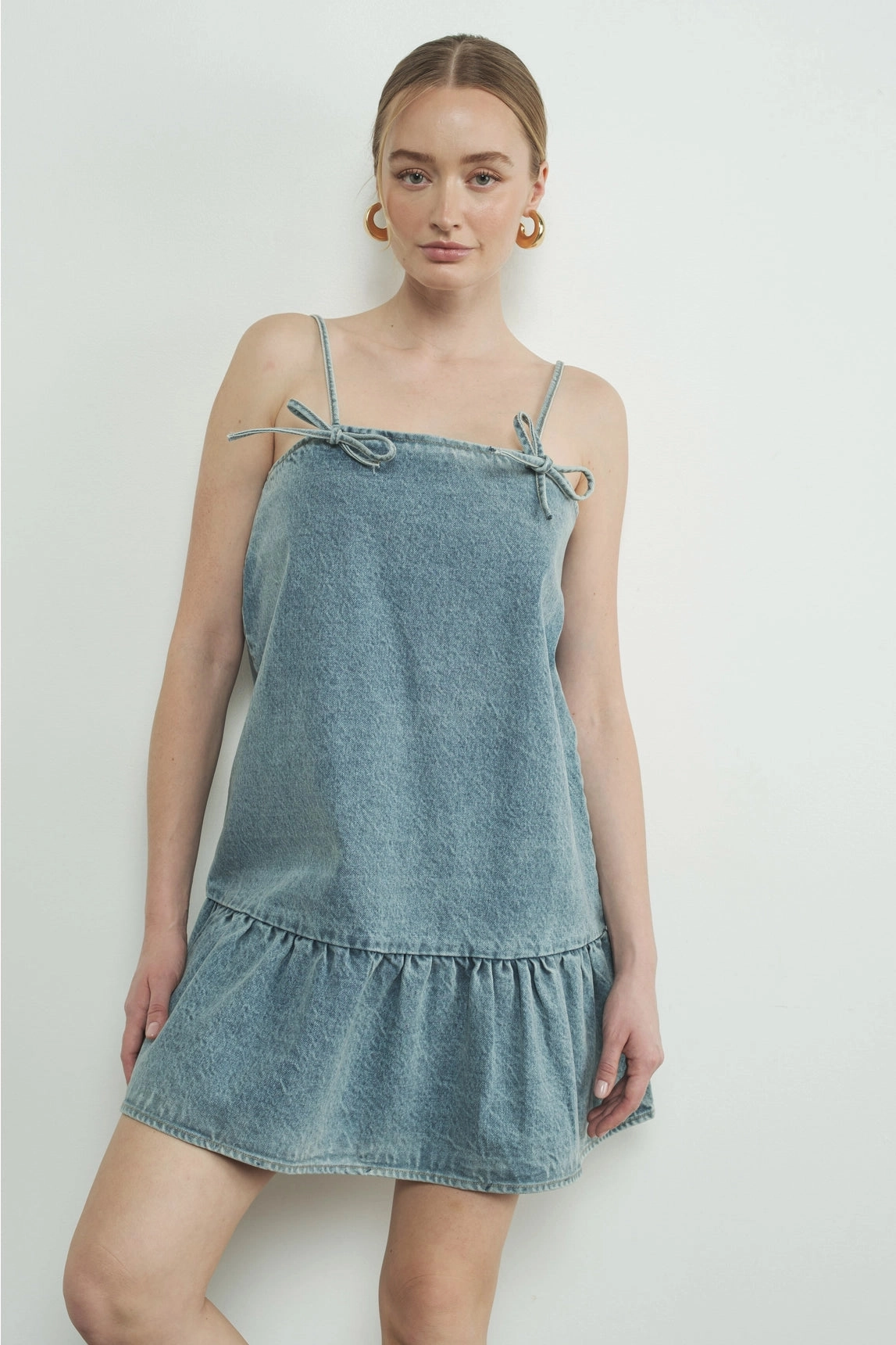 Reflective Trim Ribbon Tied Denim Mini Dress