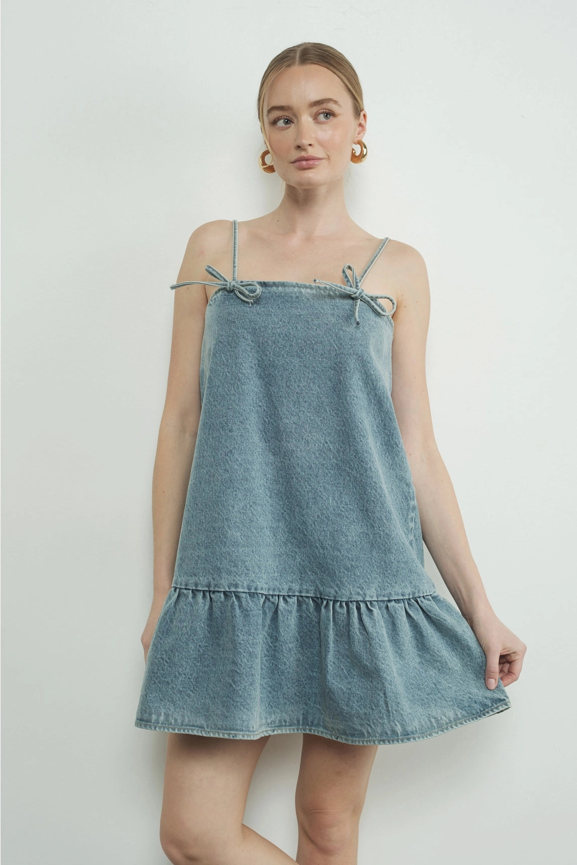 Casual Blouse Ribbon Tied Denim Mini Dress