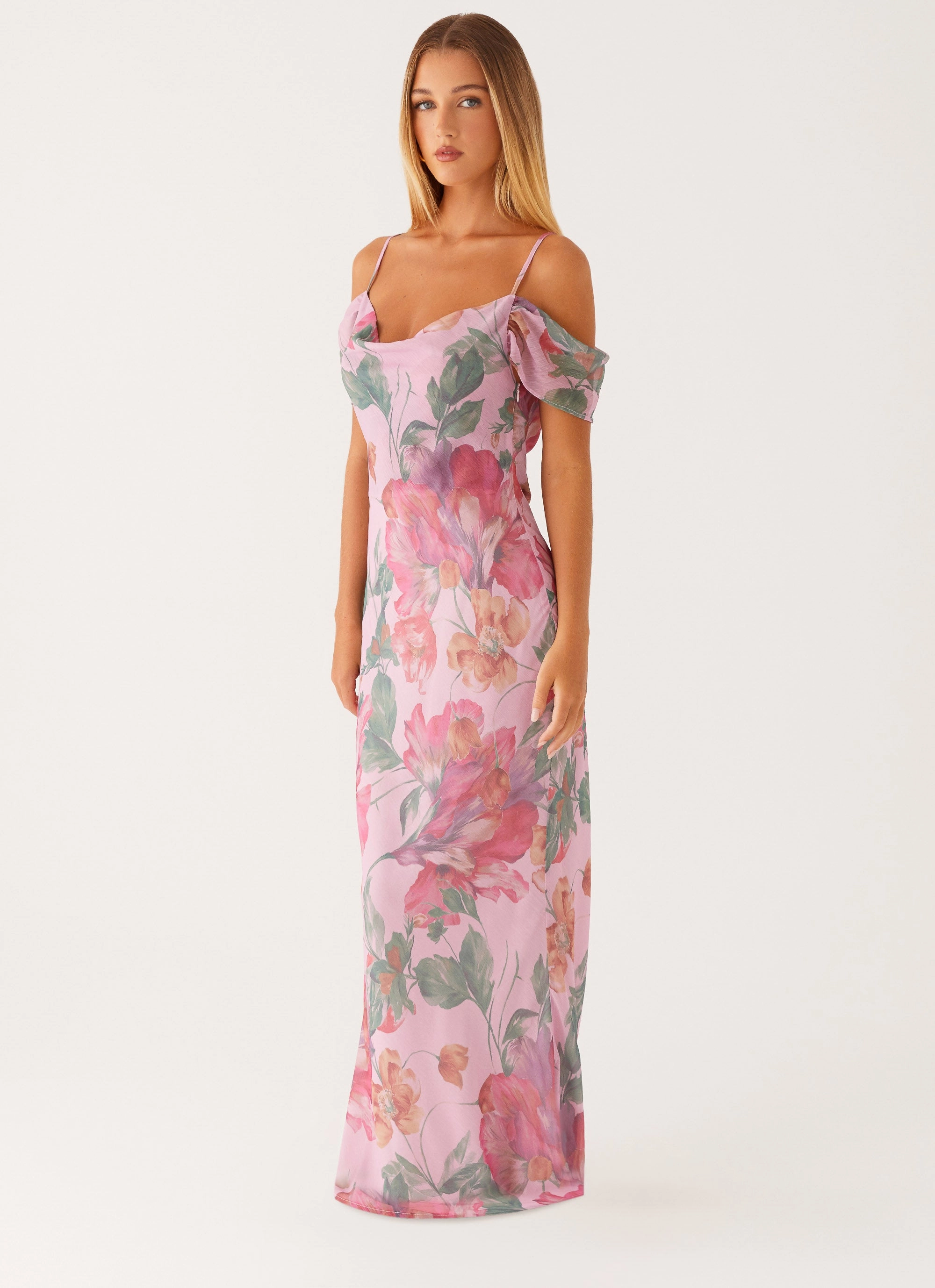 Seline Maxi Dress - Pink Floral Neutral Aesthetic Date-Night