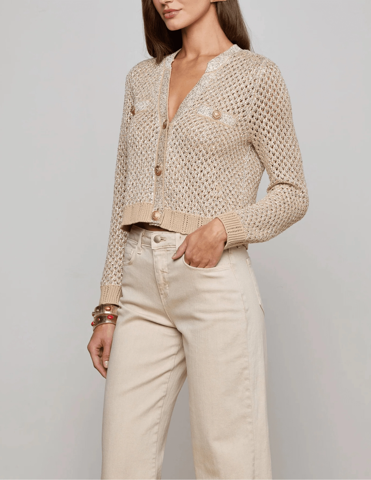 Stretchy Material Core Ease L'AGENCE Blanca Sequin Cropped Sequin Cardigan