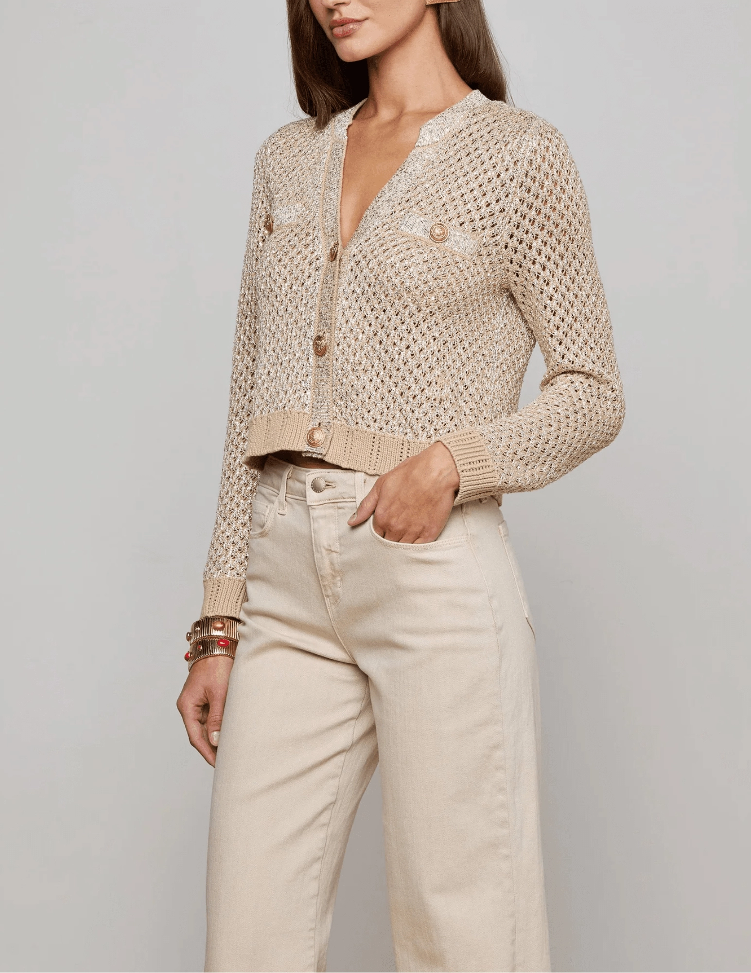 Double Layered Collar Odor Resistant Fabric L'AGENCE Blanca Sequin Cropped Sequin Cardigan