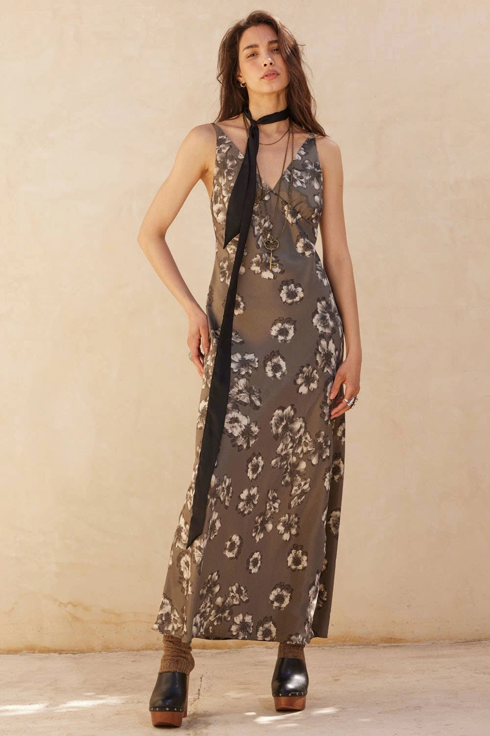 Floral Print Satin Column Maxi Dress Versatile Wear