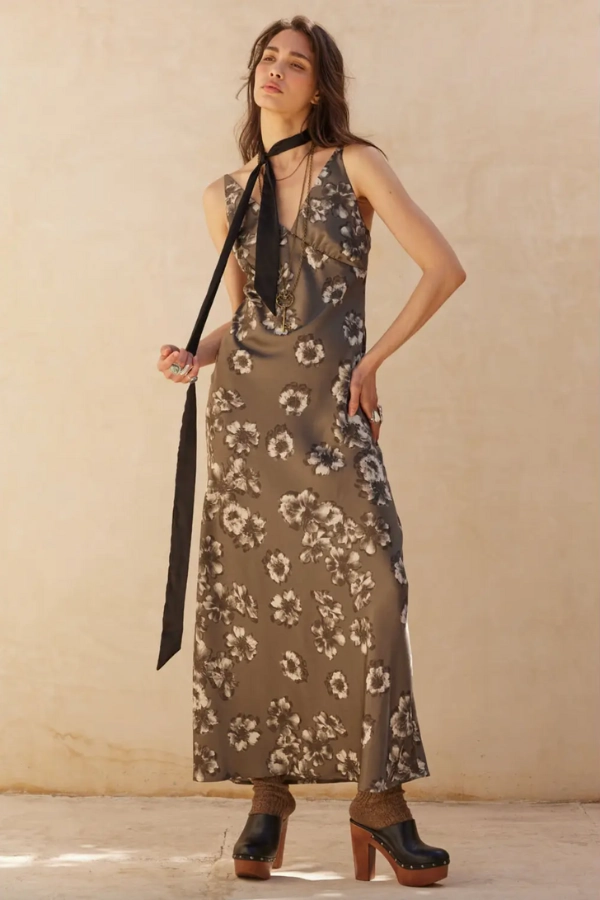 Durable Weave Floral Print Satin Column Maxi Dress