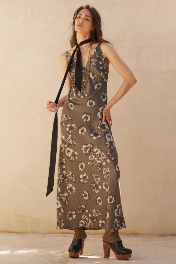 Floral Print Satin Column Maxi Dress Relax Tones Youthful Feel