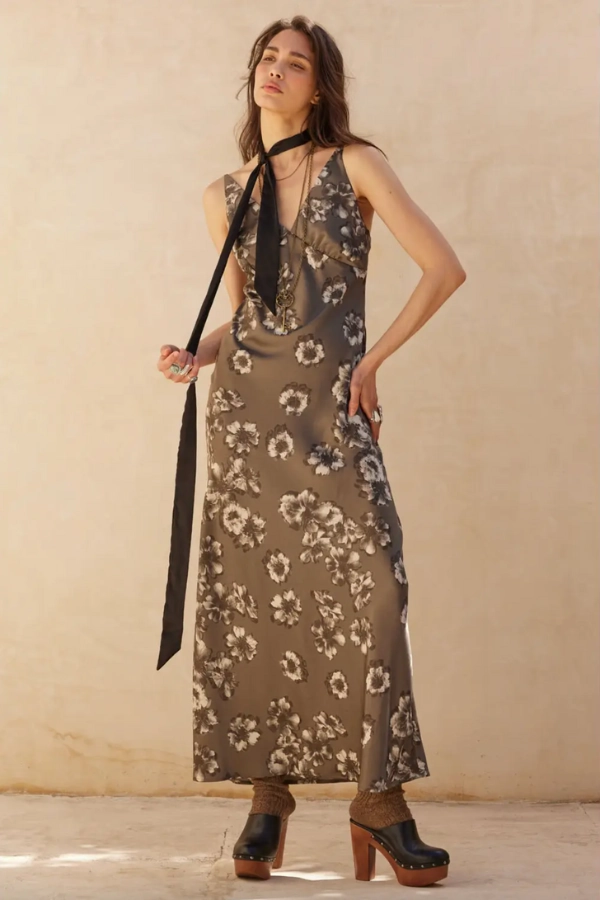 Floral Print Satin Column Maxi Dress Stylish Appeal Relax Tones