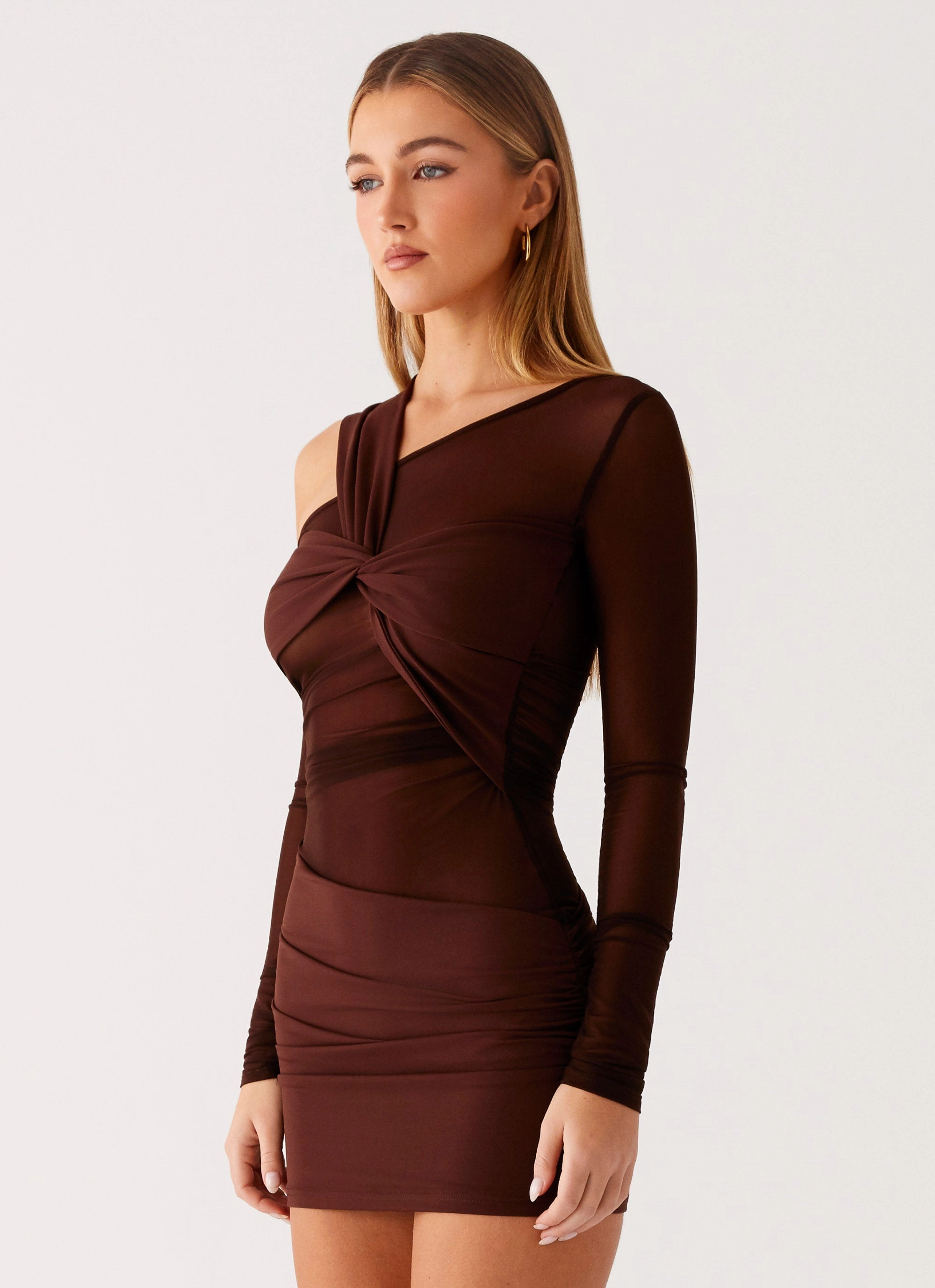 Stylish Feel Ophelie Asymmetric Long Sleeve Mini Dress - Chocolate