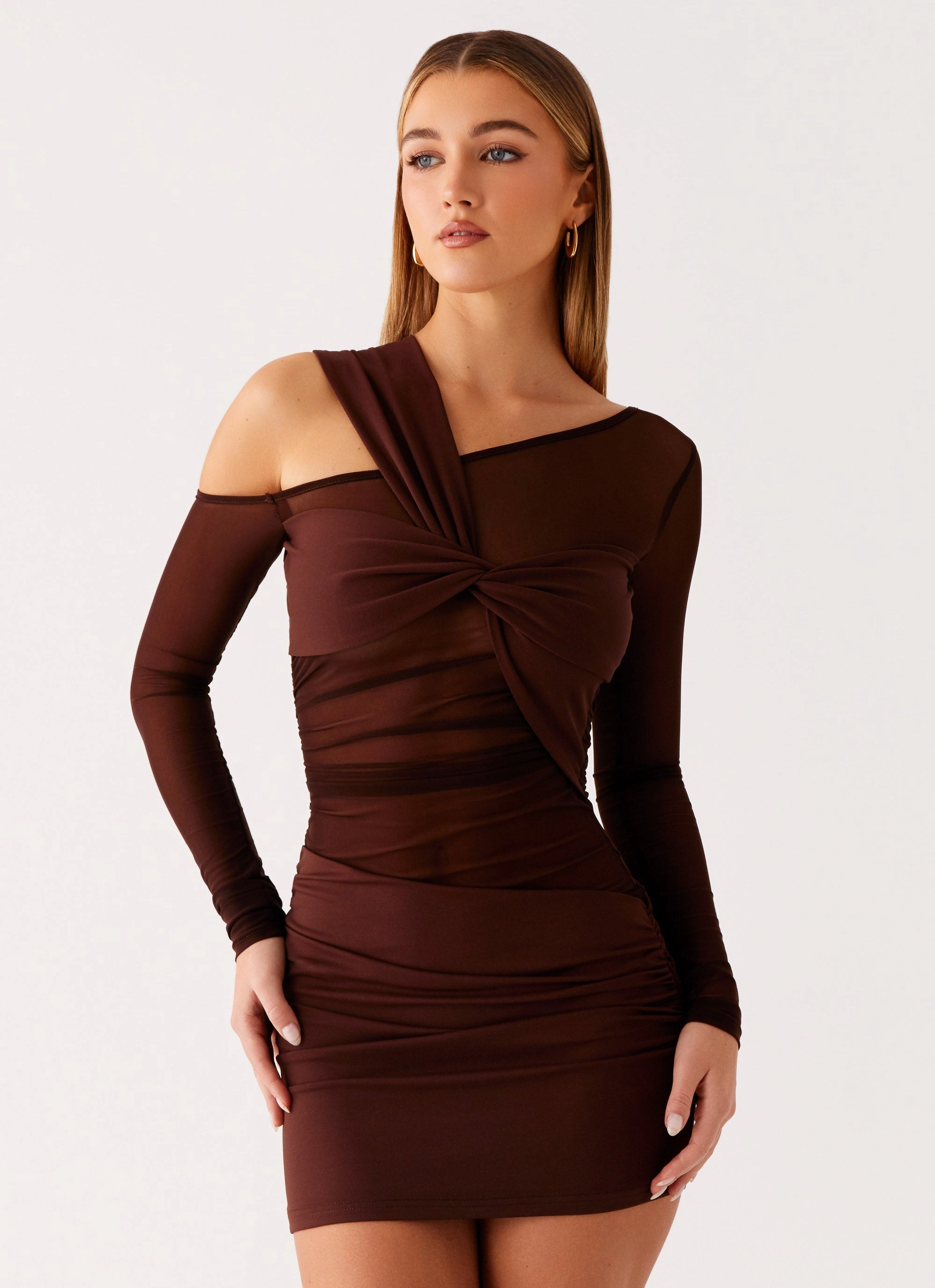 Heritage-Brand Ophelie Asymmetric Long Sleeve Mini Dress - Chocolate