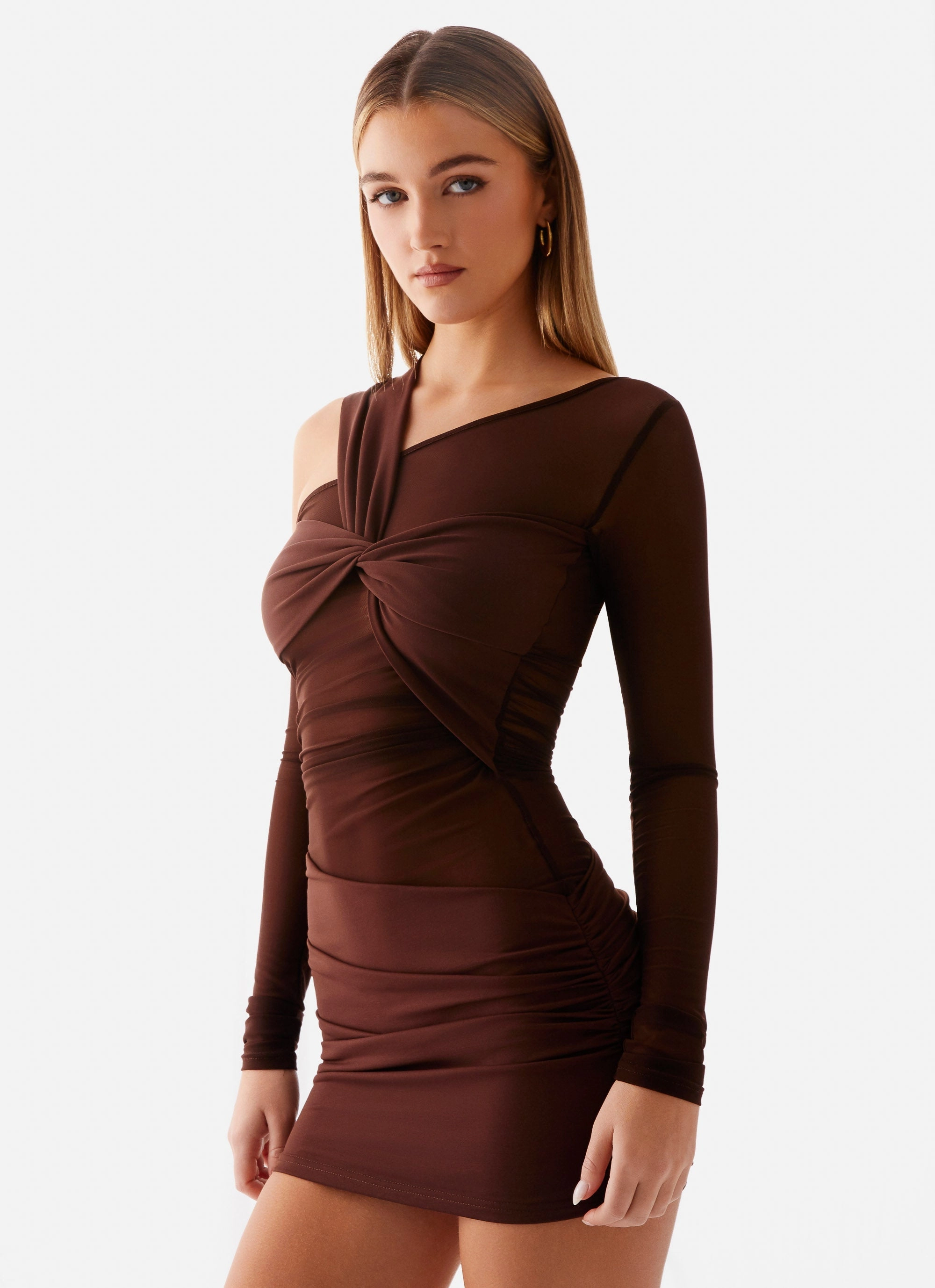Trend Fit Contrast-Panel Ophelie Asymmetric Long Sleeve Mini Dress - Chocolate