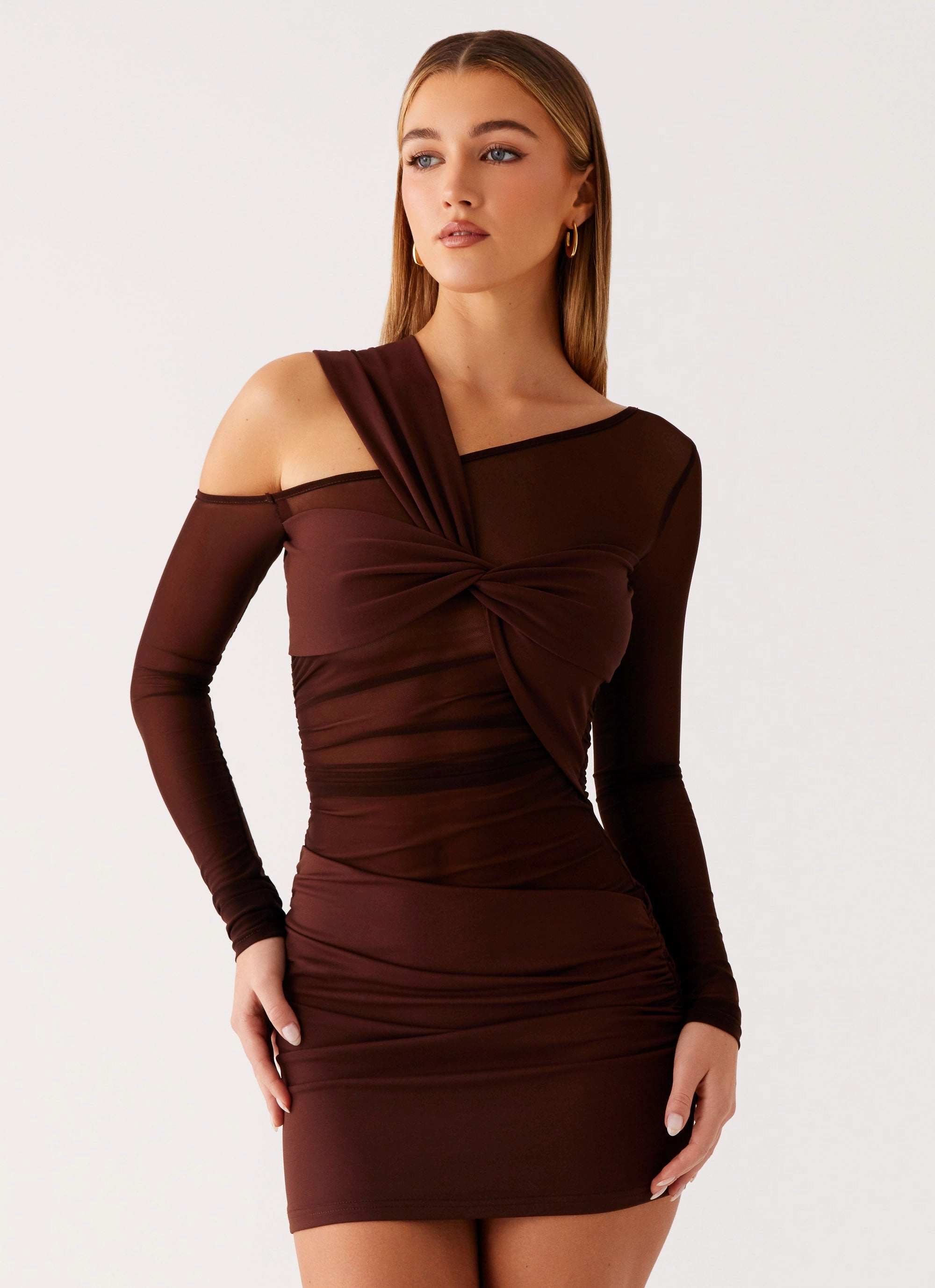 Elastic Fit Flared shape Ophelie Asymmetric Long Sleeve Mini Dress - Chocolate
