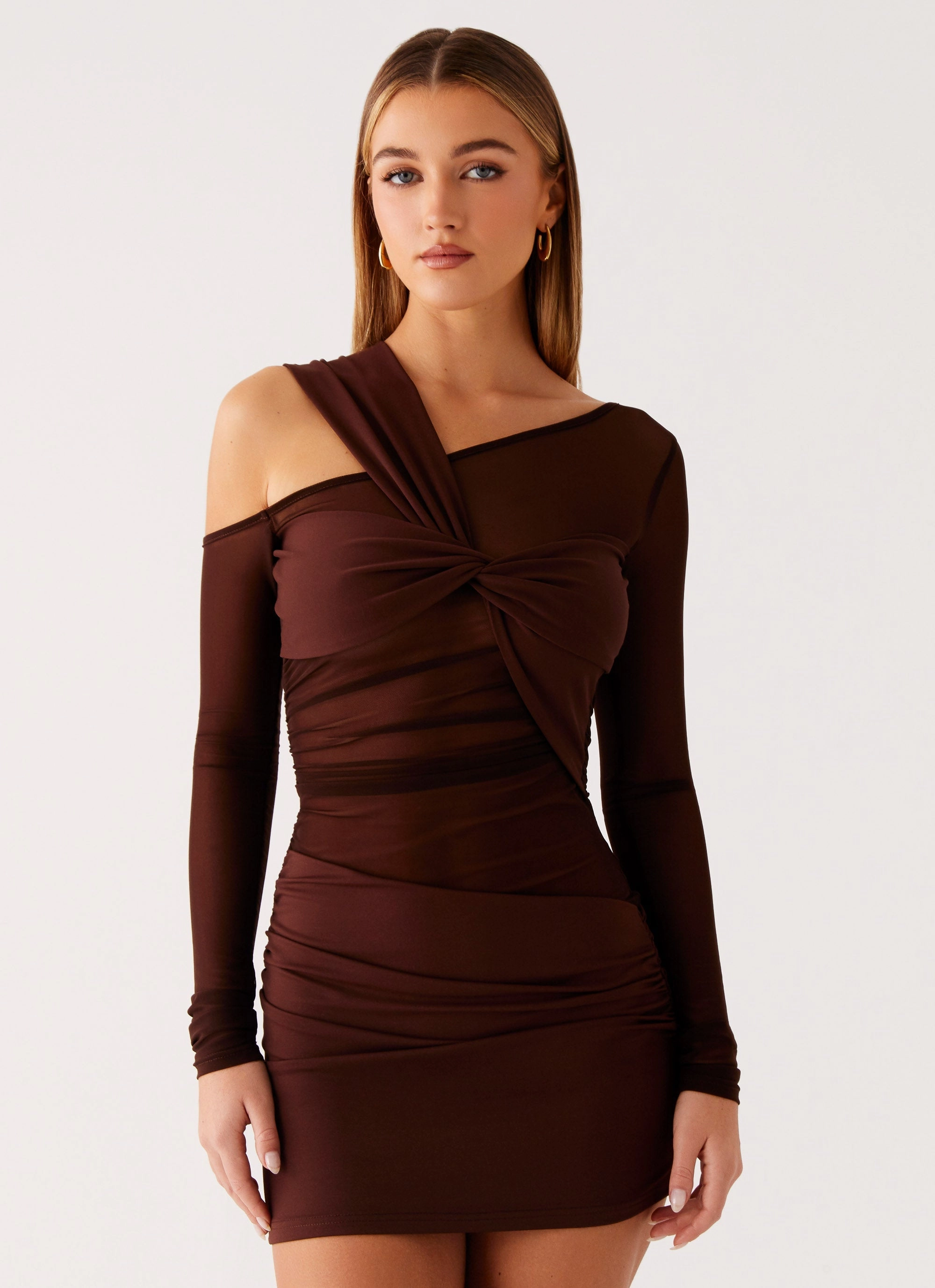 Ophelie Asymmetric Long Sleeve Mini Dress - Chocolate Urban Favorite