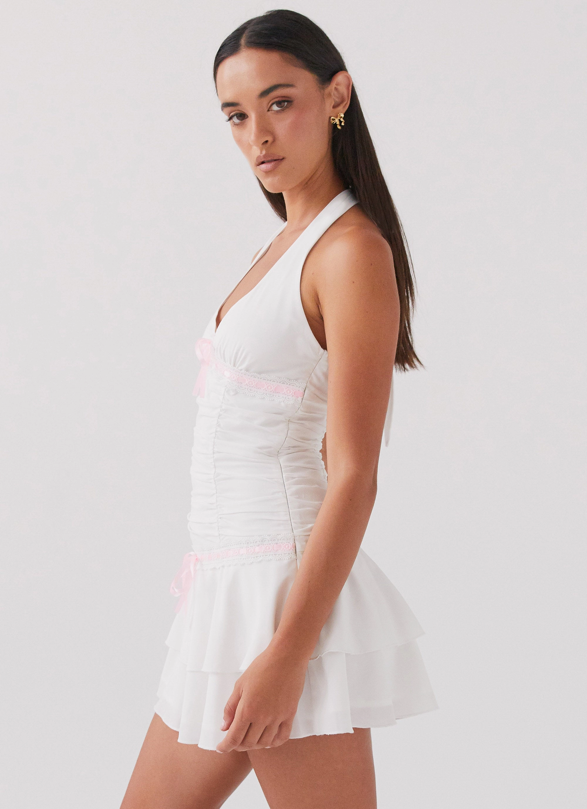 Kordyn Mini Dress - White Side Ruching Blush Glow