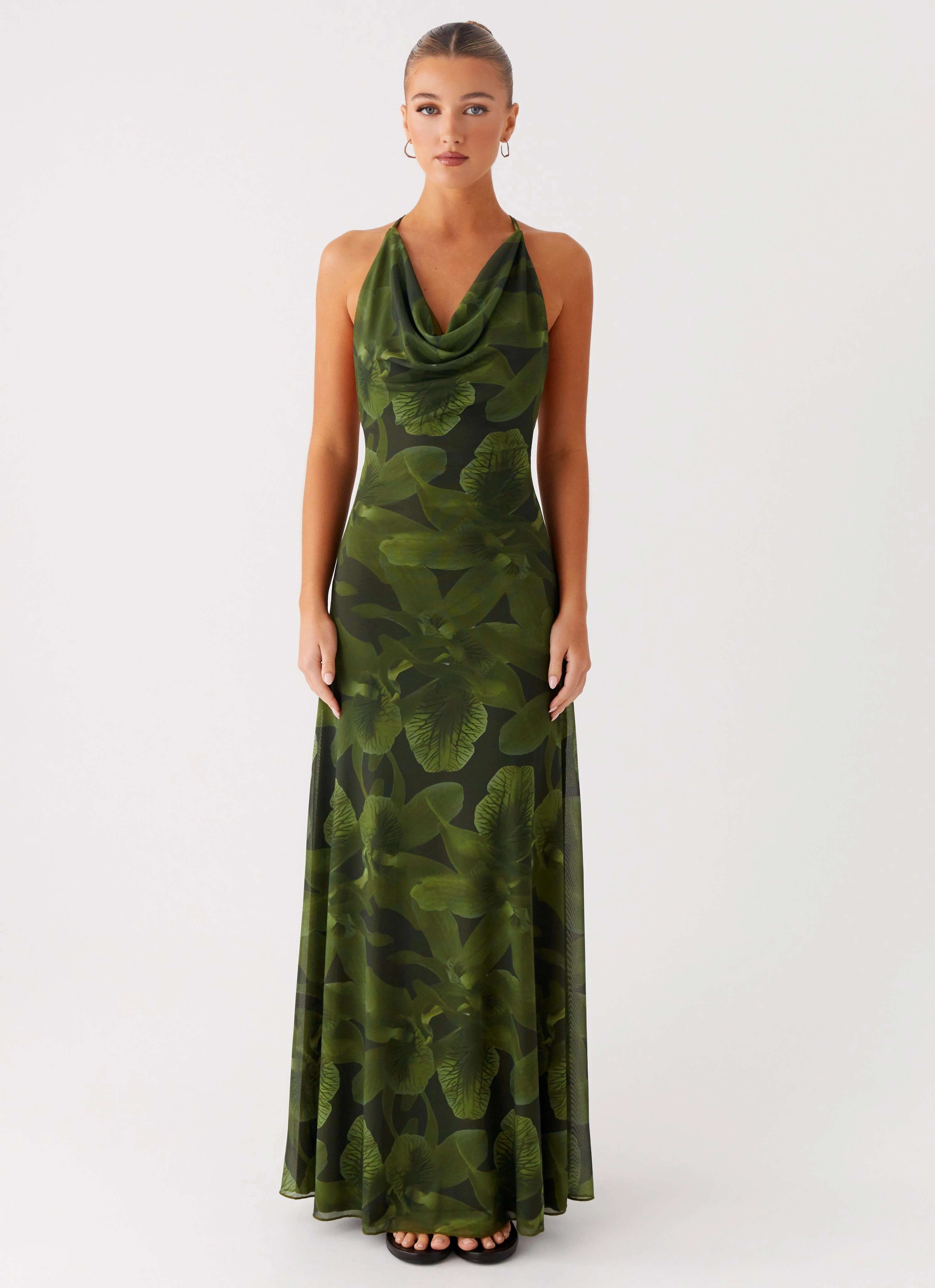 Button-Cuff Delicate Edge Dahliana Maxi Dress - Tropic Floral