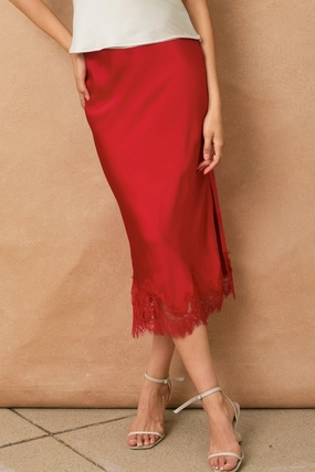 LaserCut Edges Satin Lace Midi Skirt - Red