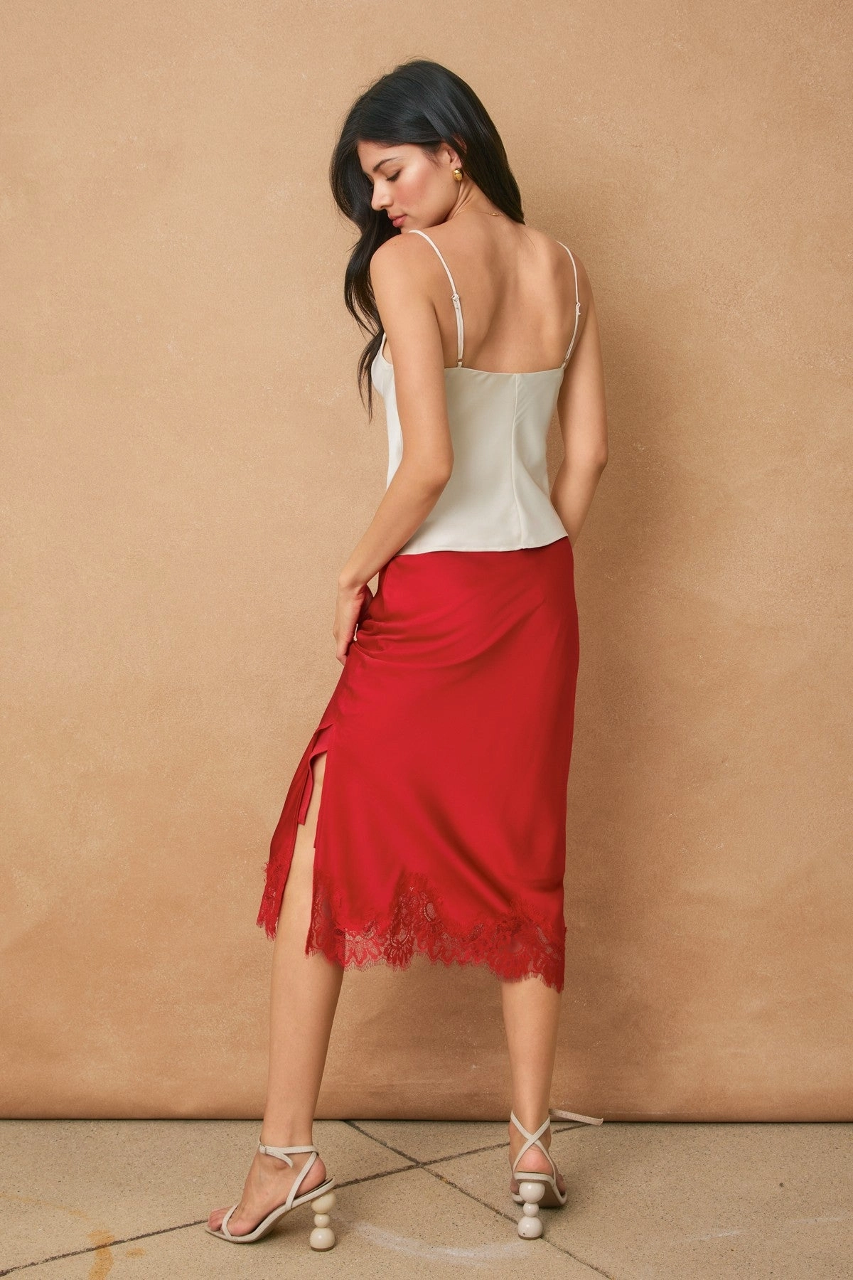 Satin Lace Midi Skirt - Red SoftCottonBlend