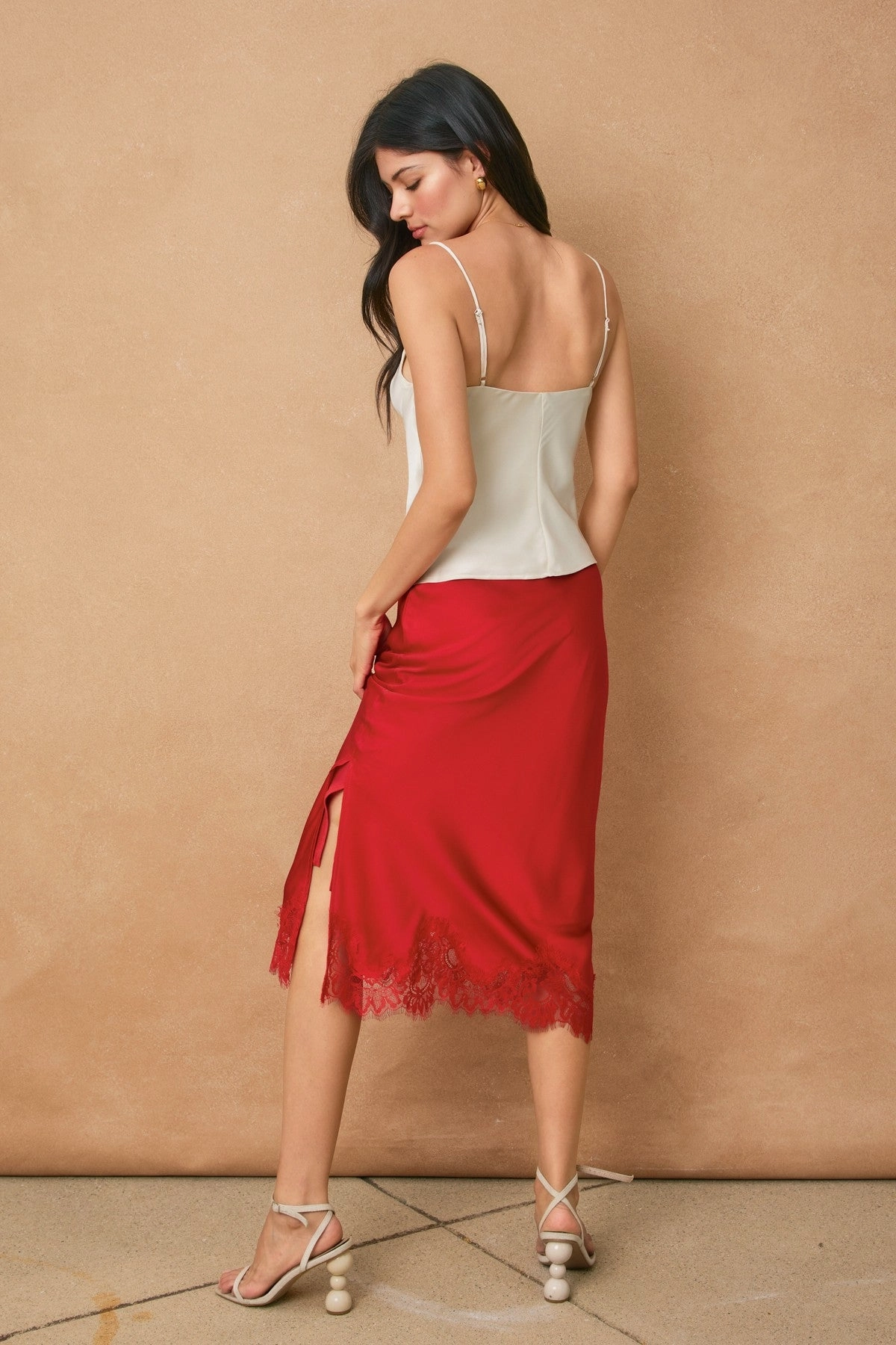 Moisture Control Technology Satin Lace Midi Skirt - Red