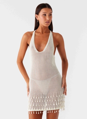 Sequin-Detail Pearl Shore Beaded Crochet Mini Dress - Ivory