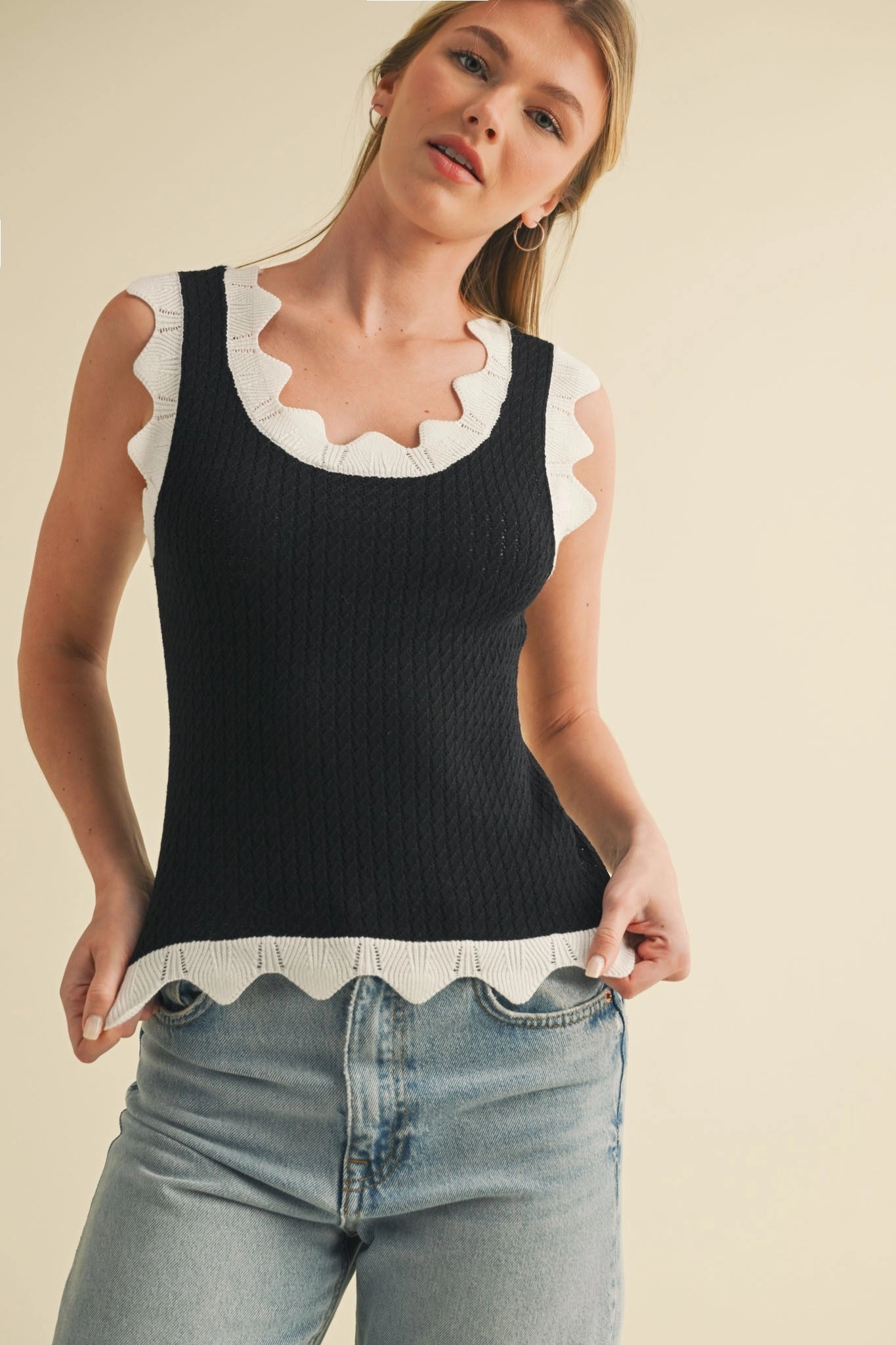 Drop Shoulder Cut PortableOption Pointelle Knit Sweater Tank