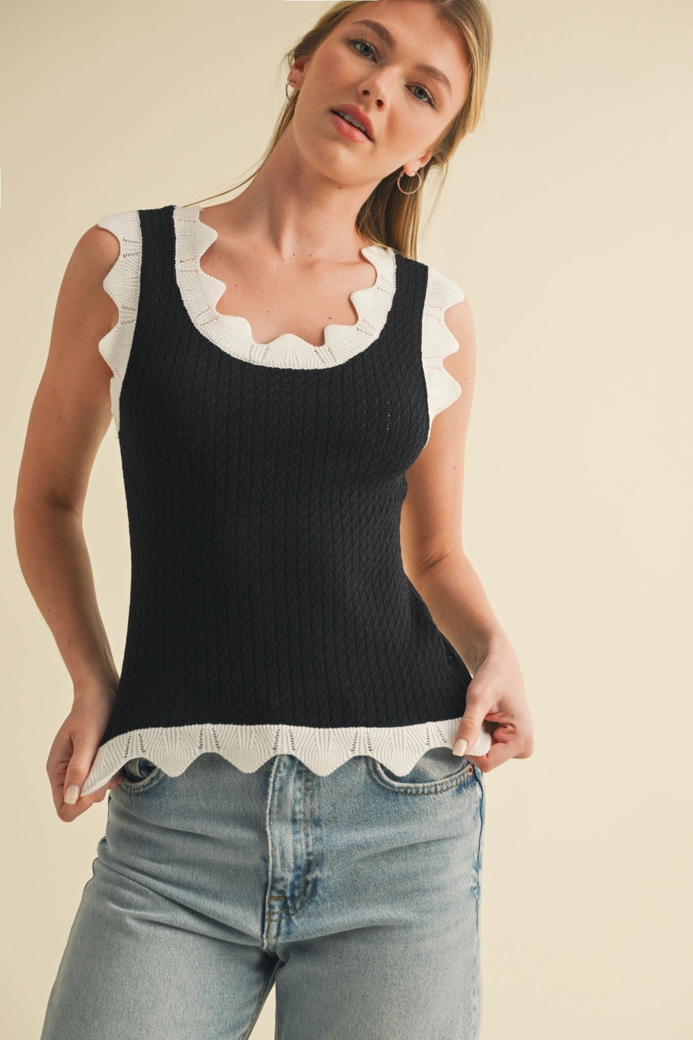 RibbedTrim Reinforced Seam Technique Pointelle Knit Sweater Tank