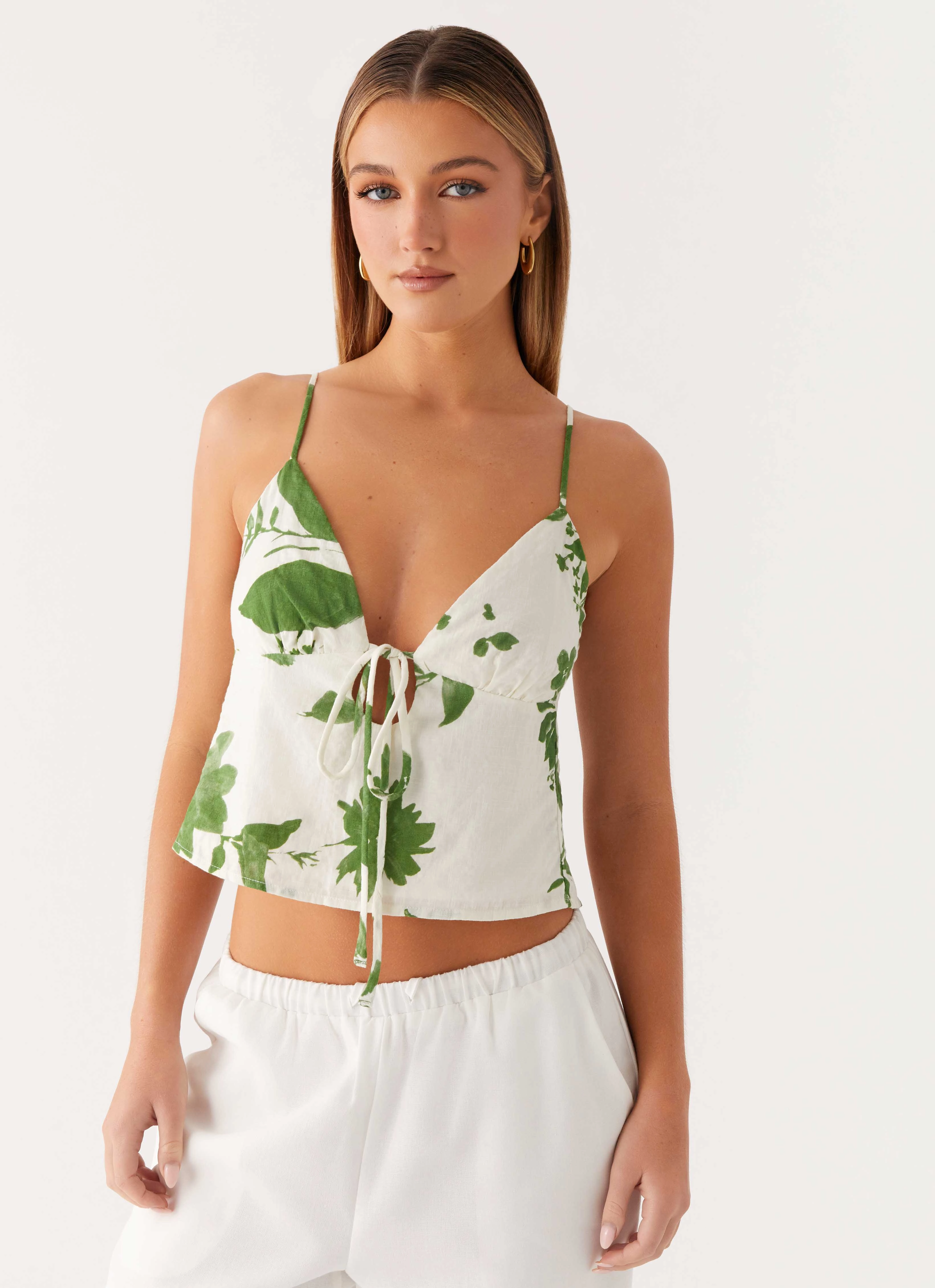 Faela Cami Top - Verdant Bloom Rolled Hem Detailing