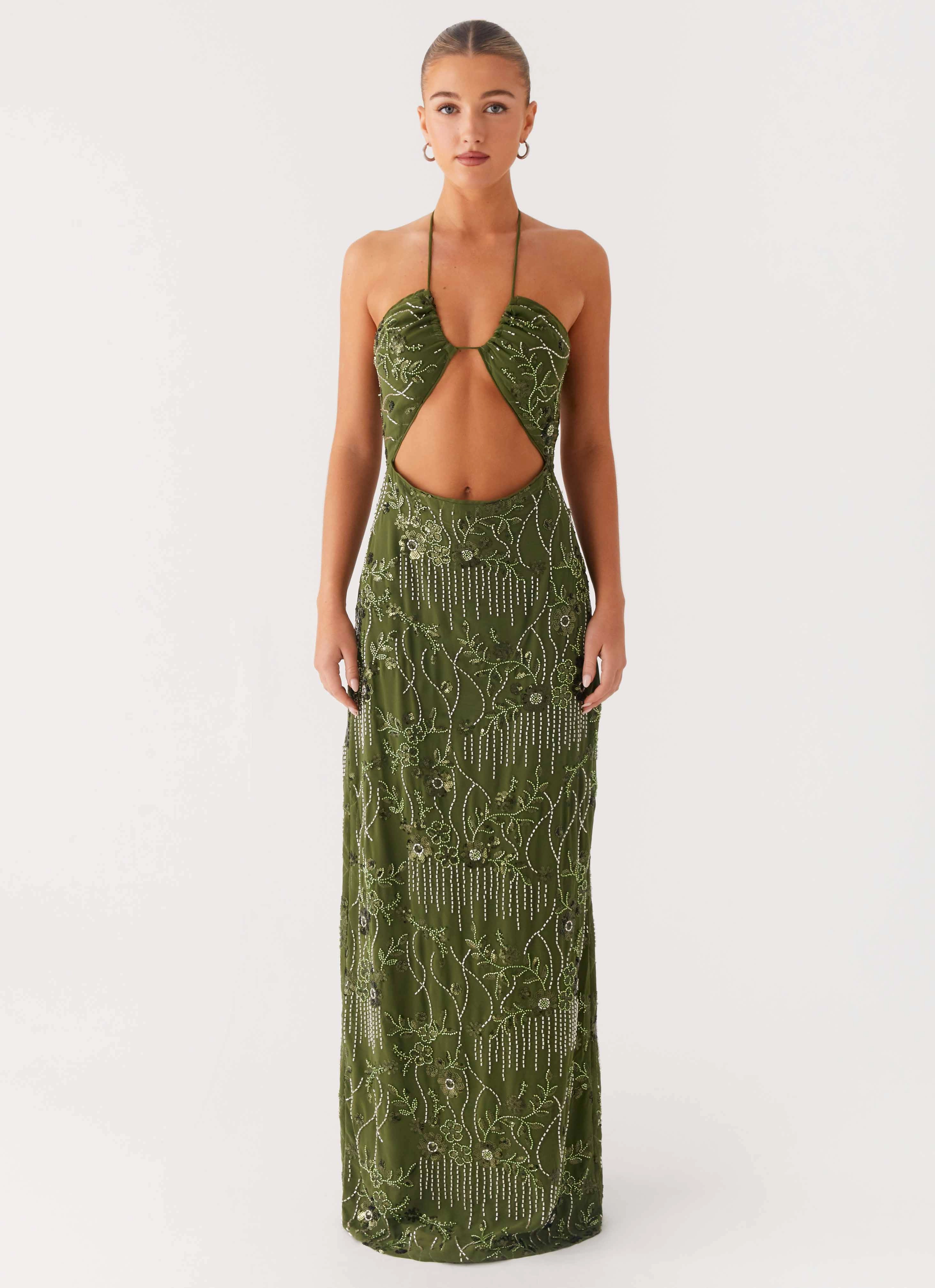 Phoenicia Beaded Maxi Dress - Khaki Fast Chic