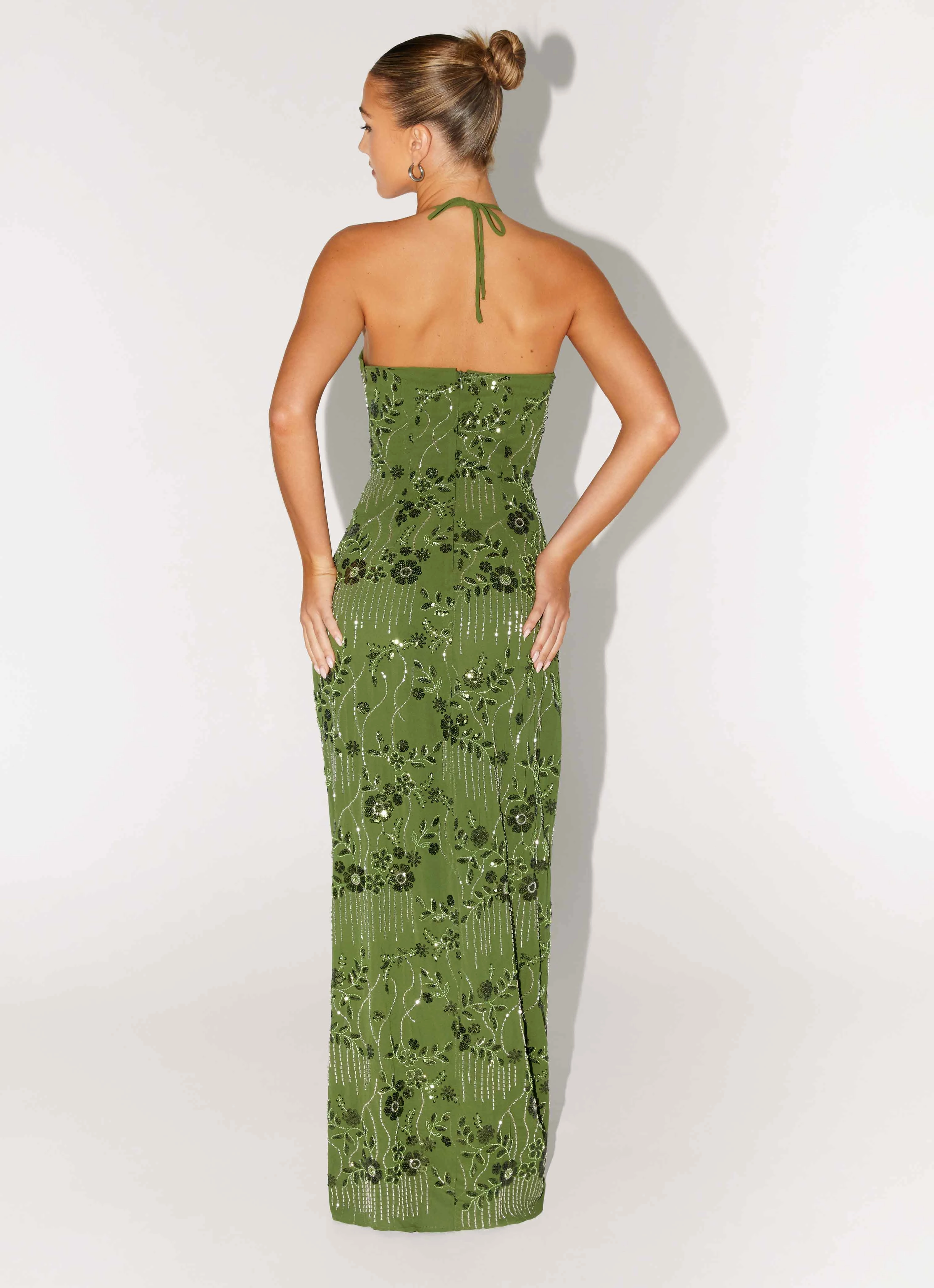 Phoenicia Beaded Maxi Dress - Khaki countryside Silky texture