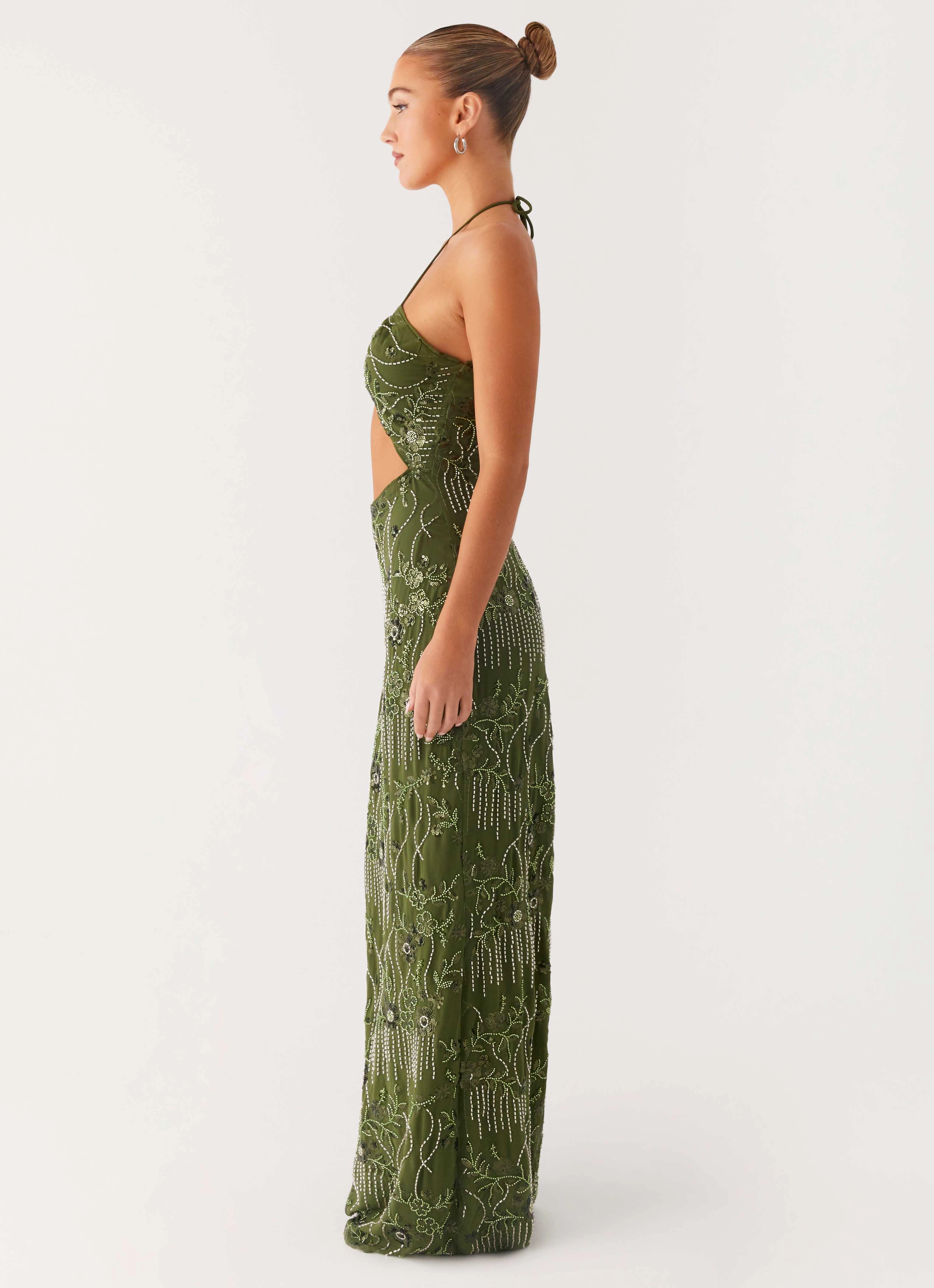 Olive Fresh Vibrant Form Phoenicia Beaded Maxi Dress - Khaki