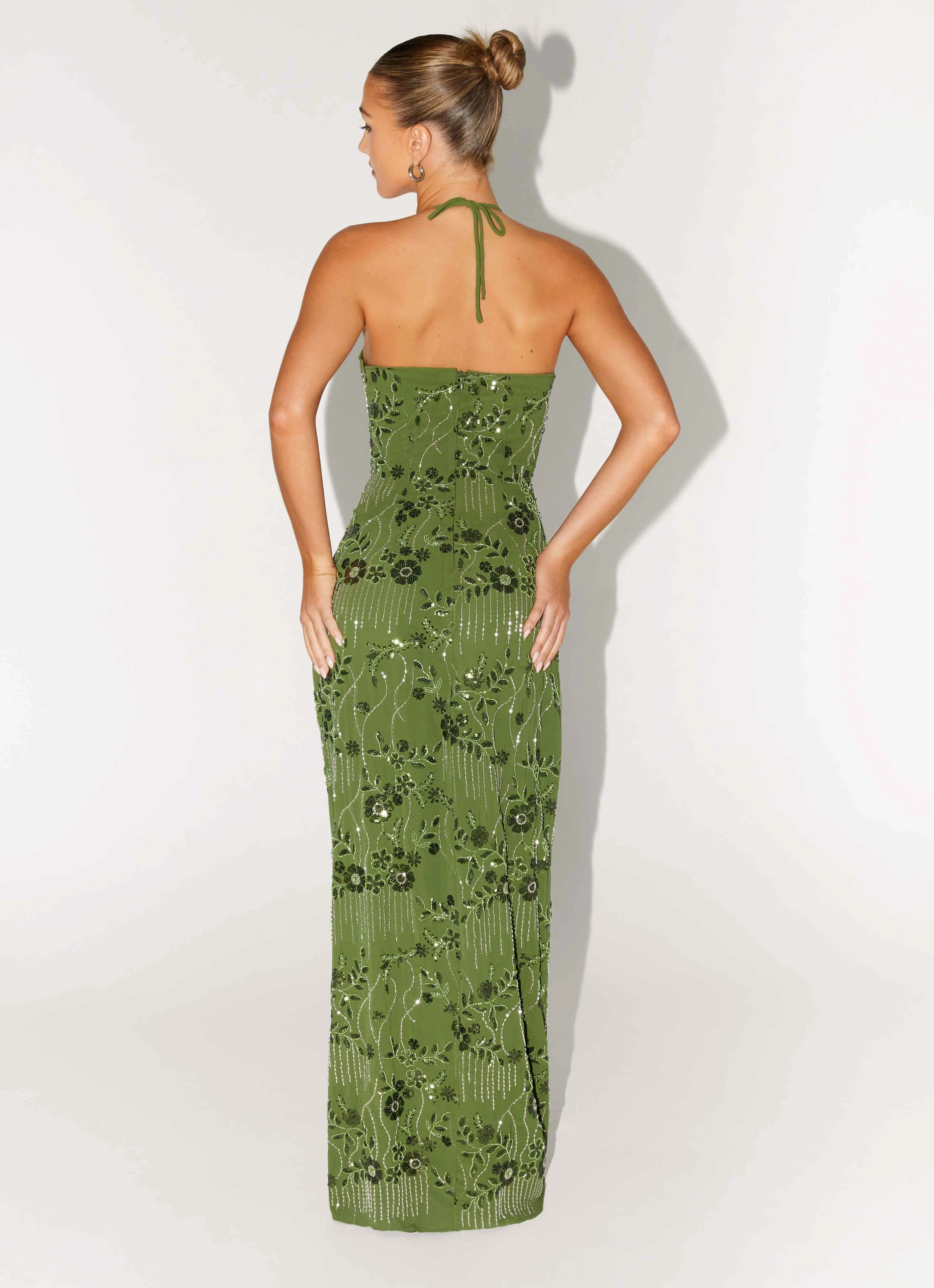 Winter Proof Soft Texture Phoenicia Beaded Maxi Dress - Khaki