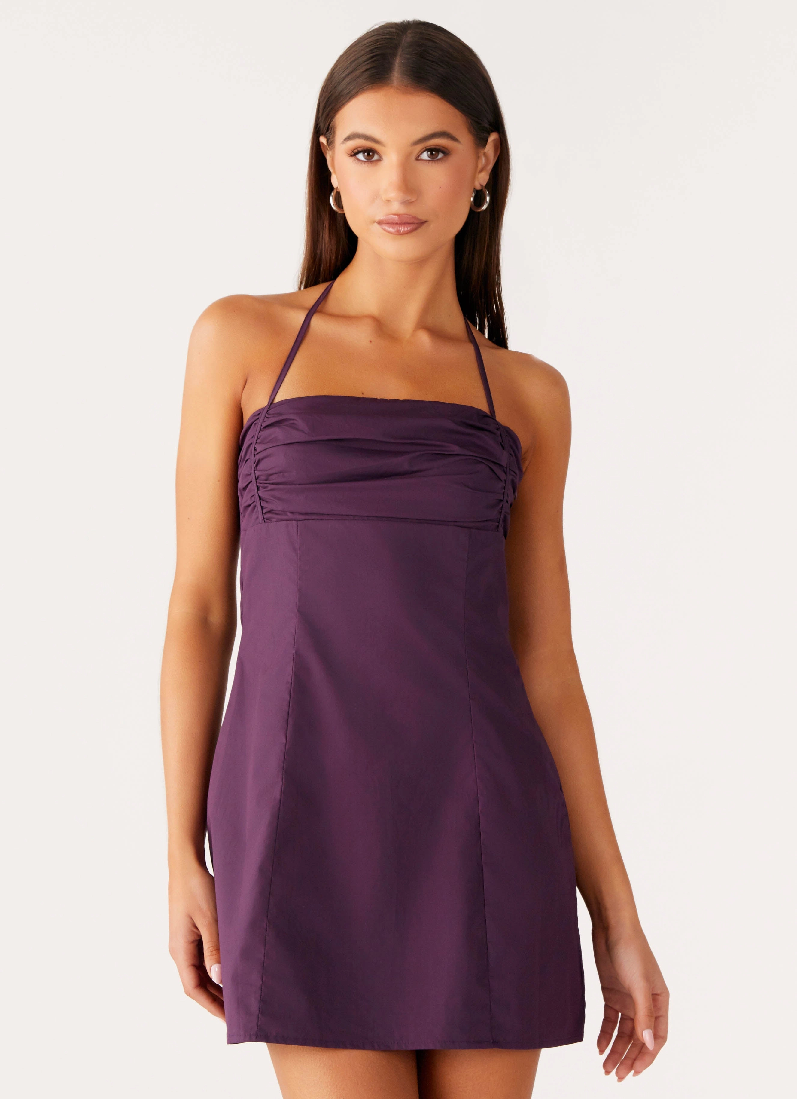 Lightweight-Lining Sage Detail Sonique Mini Dress - Plum