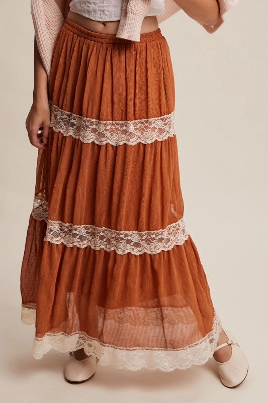Gina Tiered Lace-trim Maxi Skirt Cashmere Touch Fresh Look