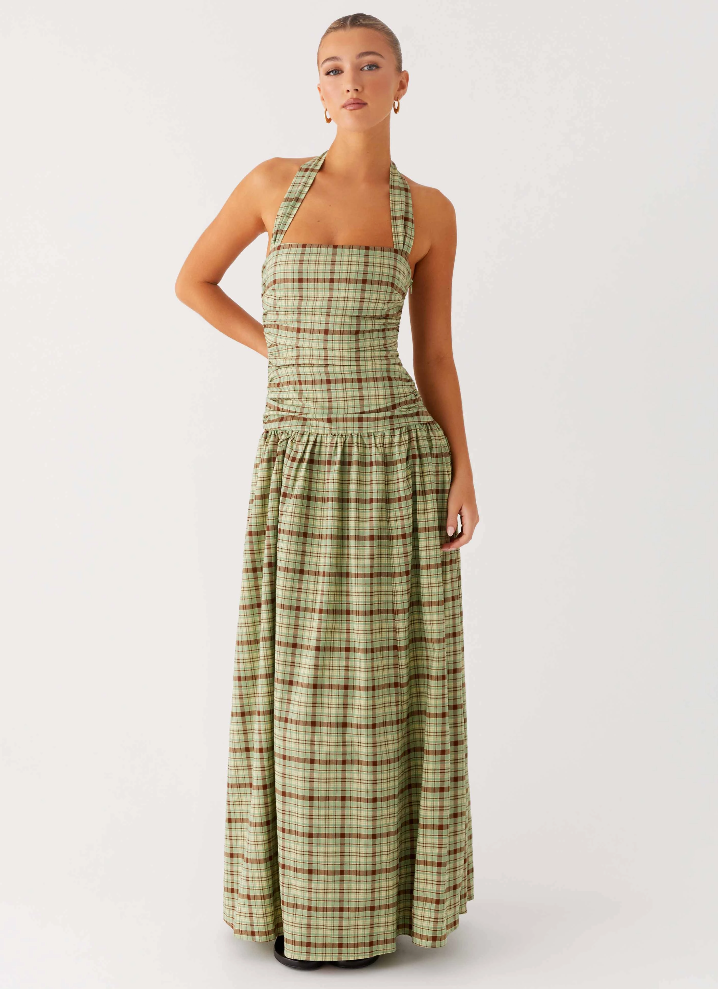 Lilith Maxi Dress - Forest Plaid Grace Walk Gentle Motion